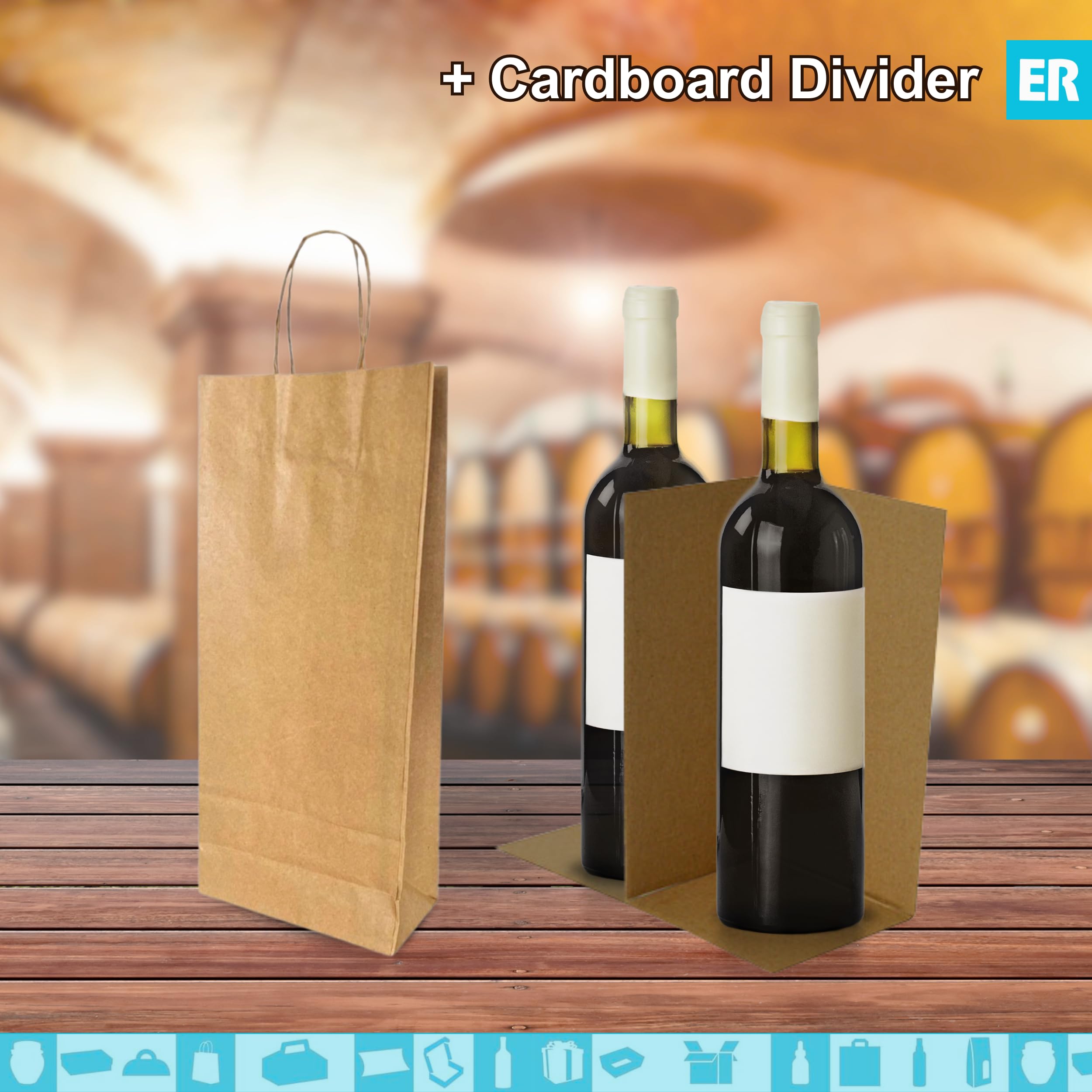 Espirito Rebelde 100 Beutel für 2 Weinflaschen mit Trennwand aus Karton, 18 x 8 x 34 cm | Elegantes Design, sicherer Transport mit verstärkten Griffen | ideal für Weingeschäfte, Weihnachtsgeschenke