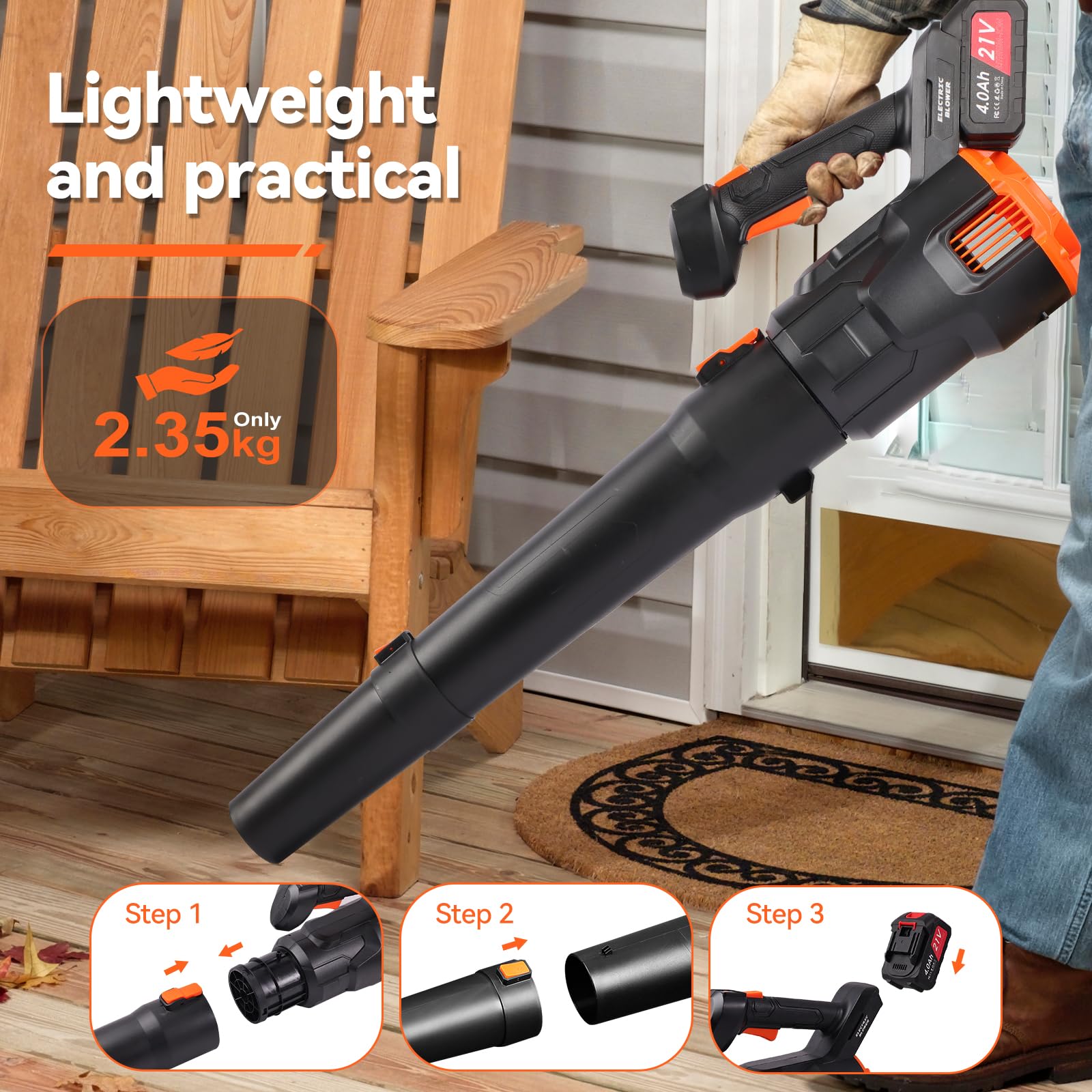 Soplador de Hojas a Batería 21V con 2 Baterías 4000mAh, 3 Velocidades,119MPH 494CFM, con Tubo Recto y Curvo, Soplador Bateria para Jardín, Patio y Hogar