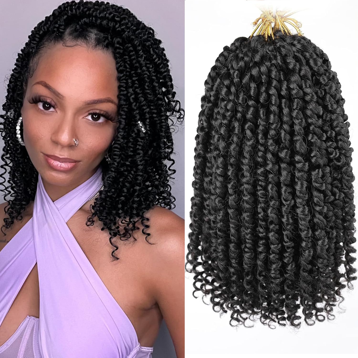 Mscat 8 Packs Pre-twisted Passion Twist Crochet Hair 10 Inch Natural Black Pre-looped Crochet Braids Hair (8packs, 1B#)
