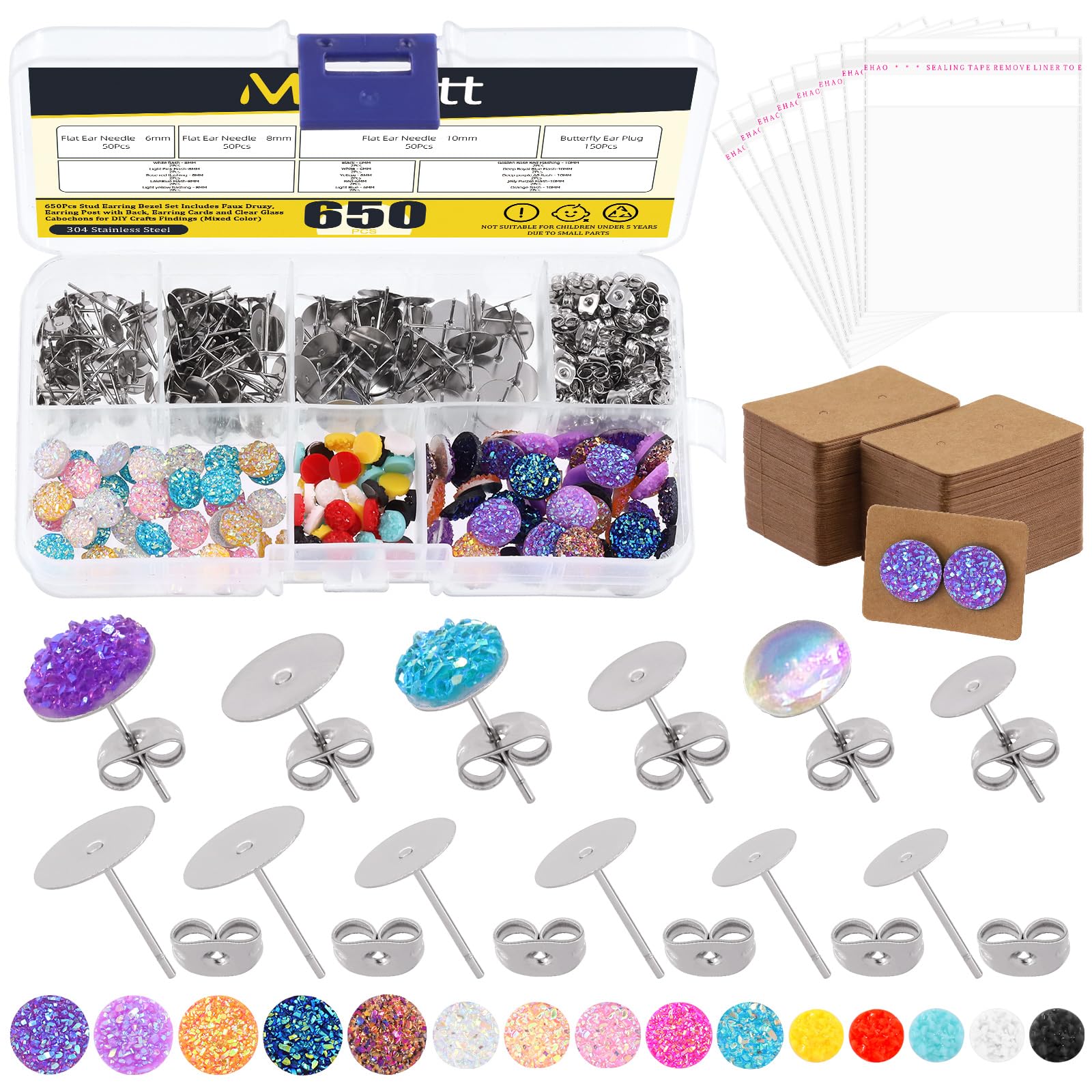 Mardatt 651Pcs Mixed Colors Stainless Steel Earring Stud Kit with Faux Resin Cabochons, Butterfly Backs, Earring Cards, Clear Cellophane Bags for Jewelry Making