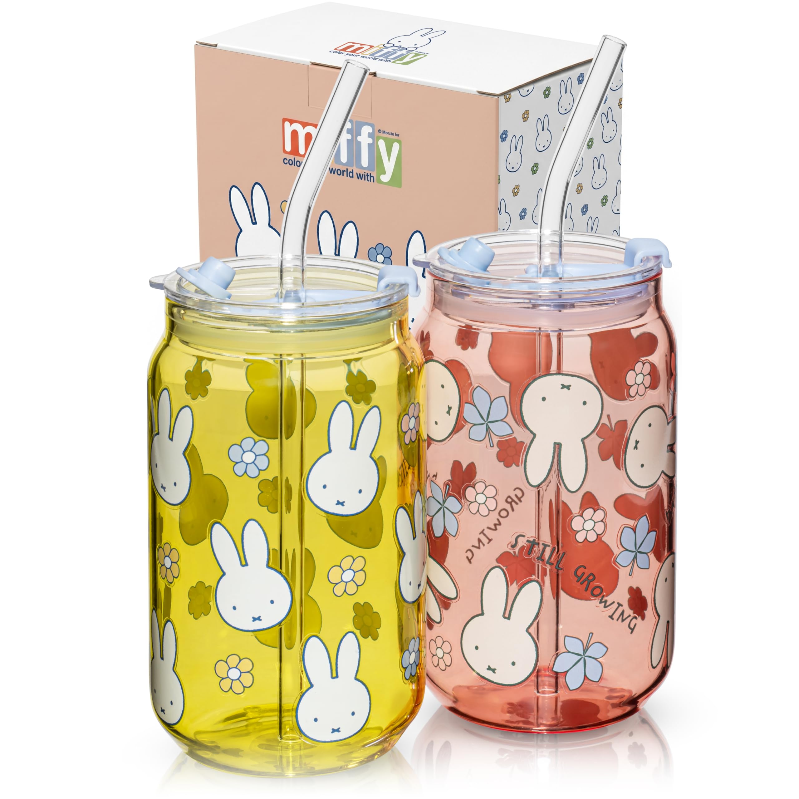 Dragon Glassware | Miffy Glass Cups with Straws, 16 oz Set of 2 - Spring | Nijntje Drinki…