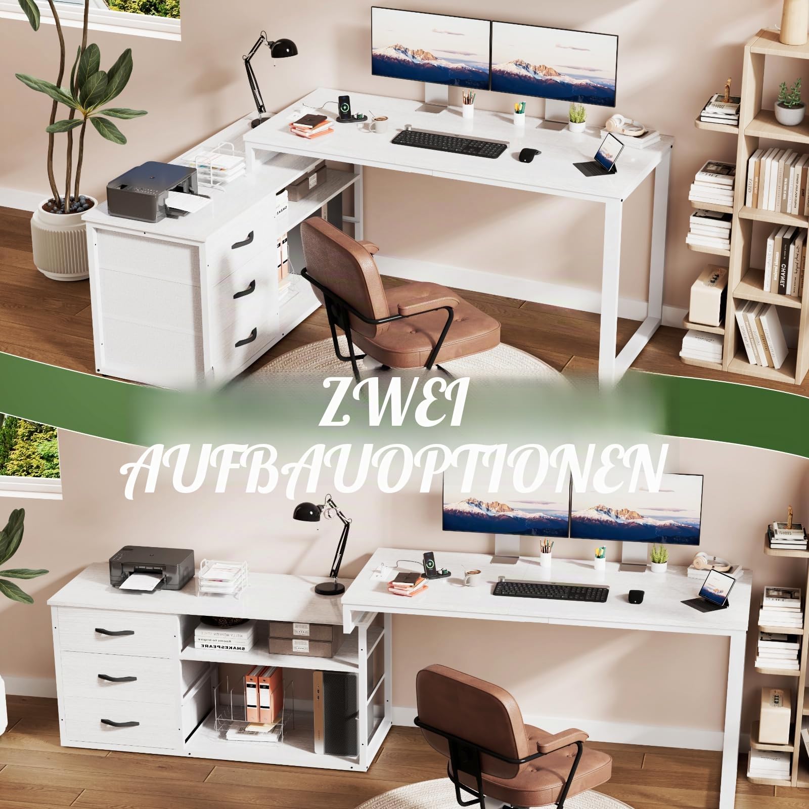 JUMMICO Schreibtisch mit Schubladen, 140 x 105 x 75 cm, L Form Reversible Eckschreibtisch mit 2 USB-Ladeanschlüssen und 2 Steckdosen, Weiß