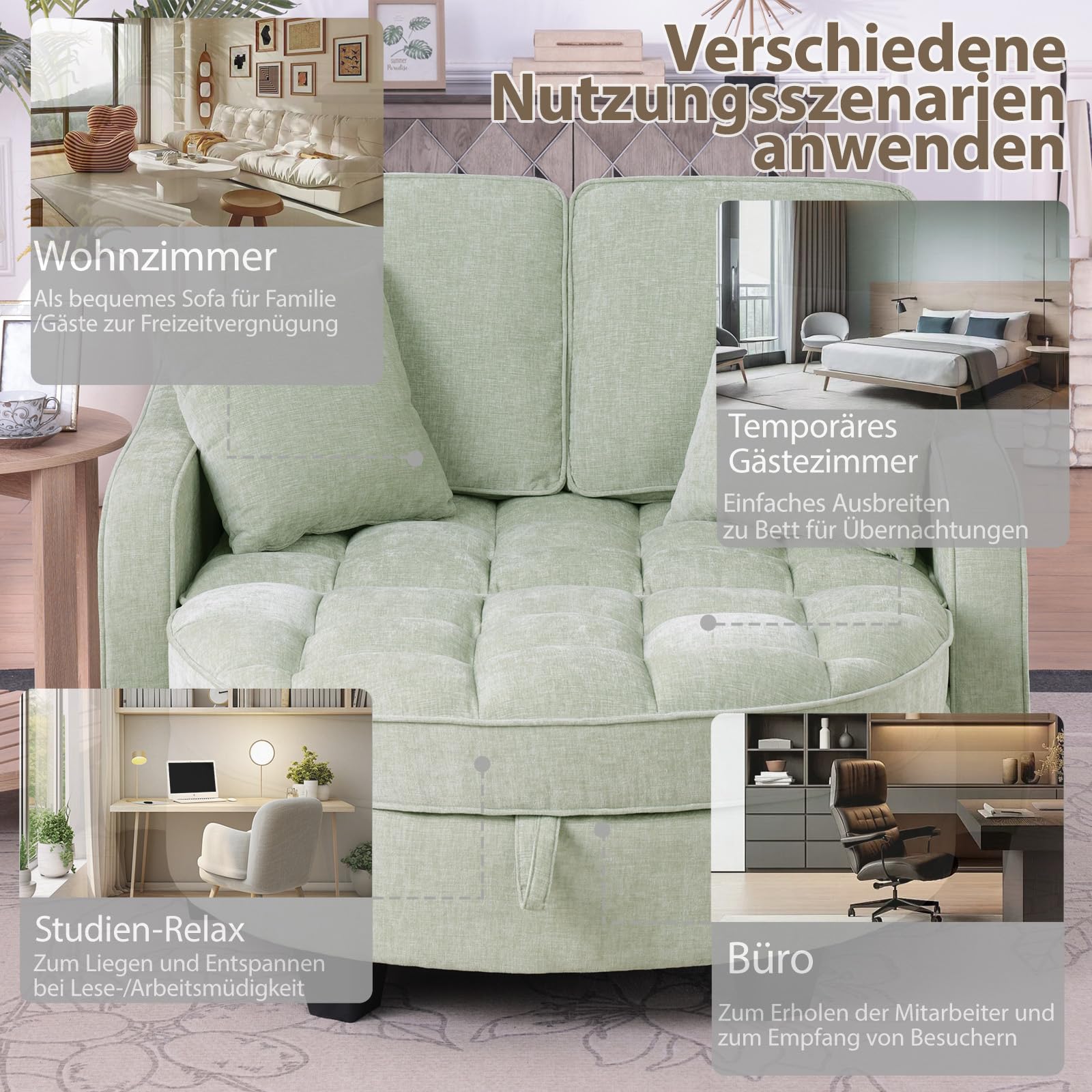 Sofa mit mit Aufbewahrungs-Hocker, Schlafsofa mit Verstellbarer Rückenlehne und Kissen, Klein Sofa, für kleine Wohnzimmer,Studienzimmer,Schlafzimmer,Grün