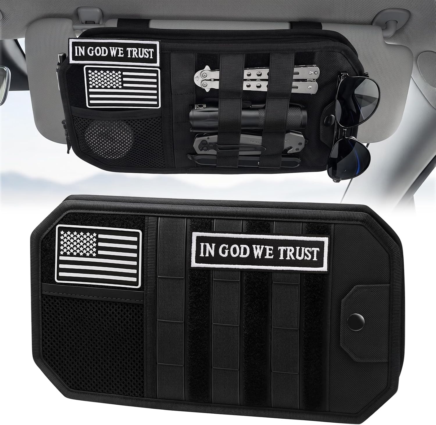 Car Sun Visor Organizer, MOLLE Sun Visor Organizer with Sunglasses Holder, Tactical Panel, Zipper Pockets & Card Slots, Universal Visor Storage Organizer for Cars SUVs Trucks Patrols Vans