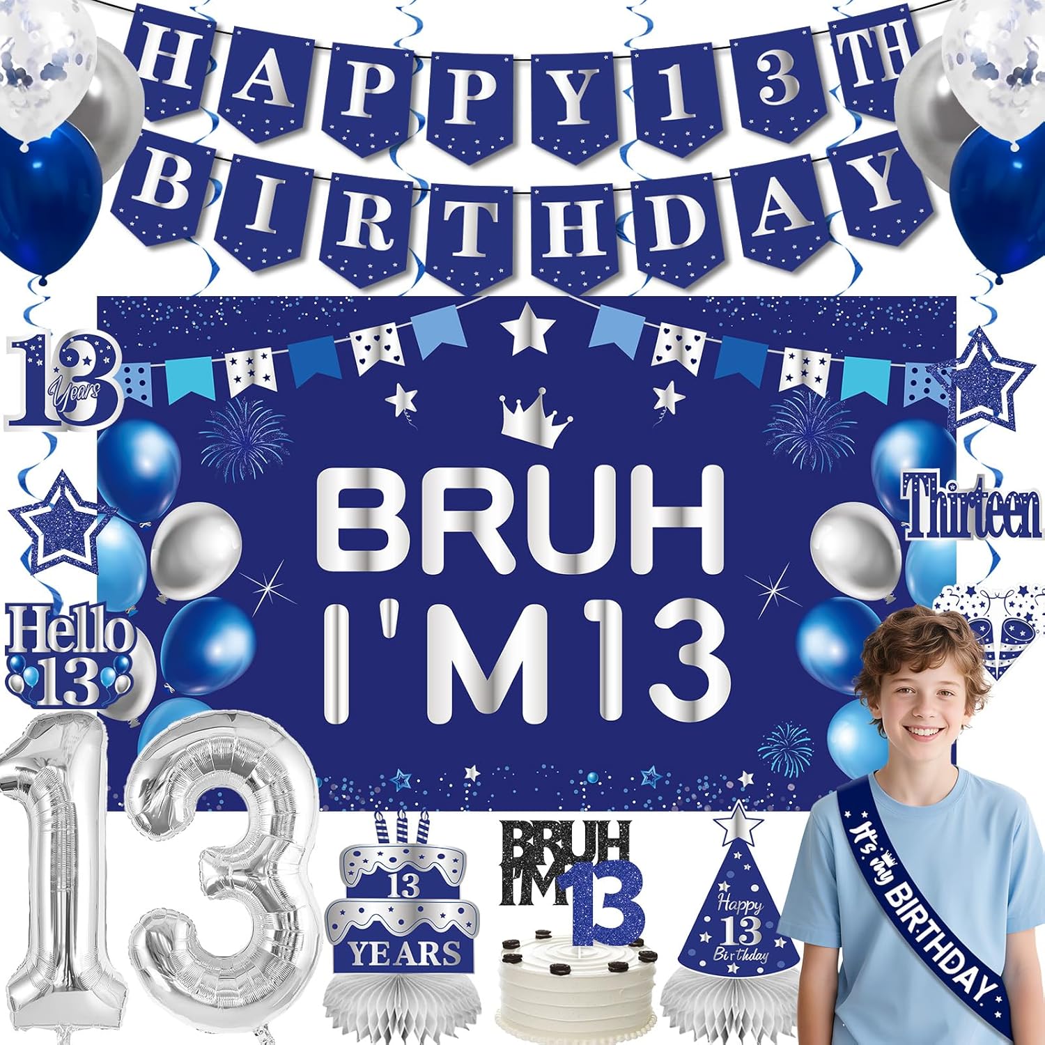 13th Birthday Decorations for Boys Girls Men, Blue Sliver Bruh I'm 13 Backdrop Happy 13th Birthday Banner Table Honeycomb Centerpieces Cake Topper Balloons Hanging Swirls Party Supplies