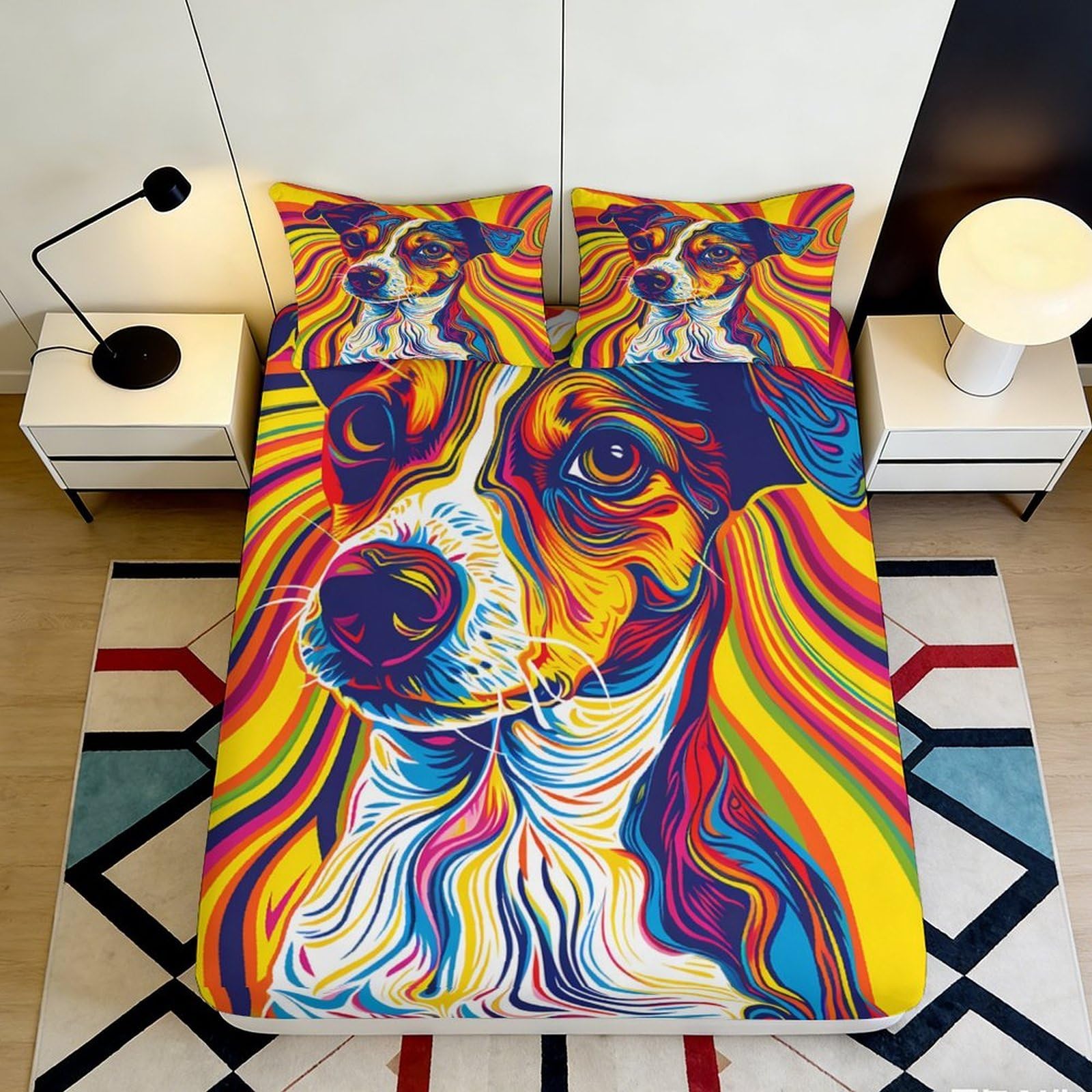 3D Printed Colorful Dog Portrait Fitted Sheet Microfiber Bedroom Decor Artistic Bed Cover for Home Dorm Mattress Protection 90x200x25cm