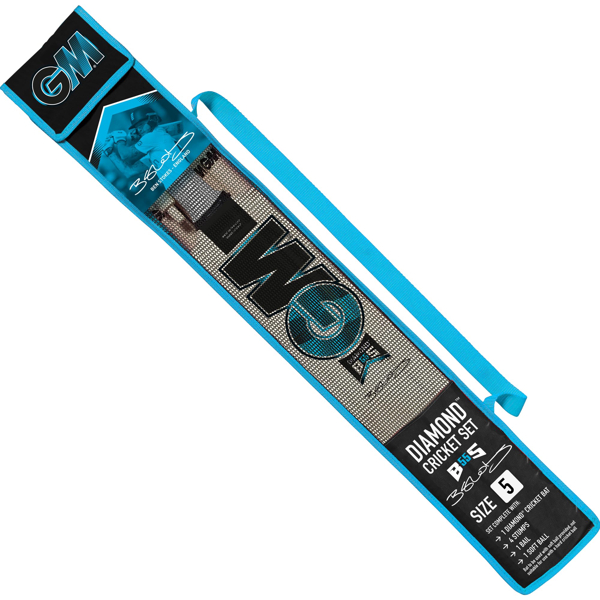GM | Ben Stokes Diamond Endorsed Wooden Cricket Set | 1 x mazza diamantata, 1 x palla da tennis rossa morbida, 4 paletti e 1 cauzione | Borsa per il trasporto | Misura 5 adatto per giocatori 150-157