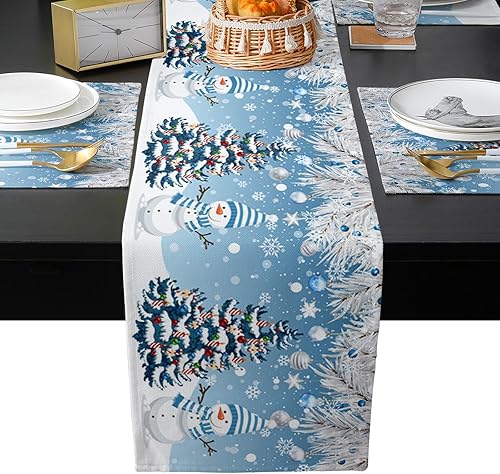 Juego de 6 manteles individuales de muñeco de nieve de Navidad, juego de 6, manteles largos de lino y algodón para cocina, comedor, 13 x 90