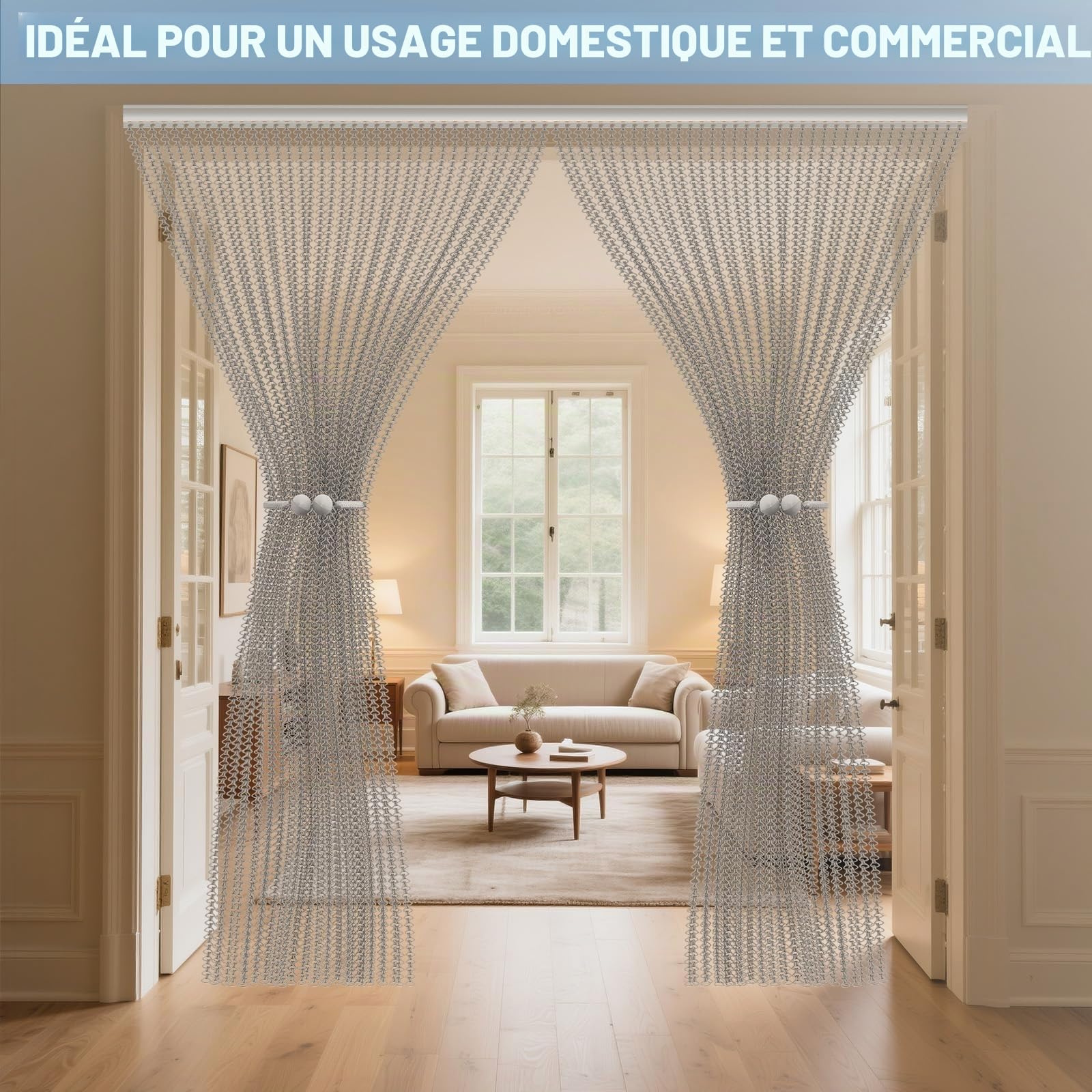 Soontrans Rideau Anti Mouche pour Exterieure, Rideau de porte en Aluminium 90 x 210cm, Rideaux Anti Mouche, Moustiquaire Métallique, Rideau à chaîne pour Les Insectes, Les Mouches, Les Guêpes(argent)