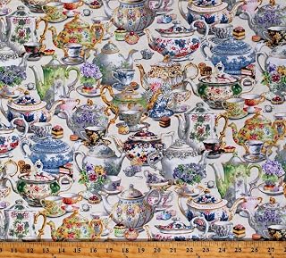 FlashPhoenix Quality Sewing Fabric – Tea Party Teapots Teacups Cream 100% Cotton Fabric Size; 36" x 44 by The Yard