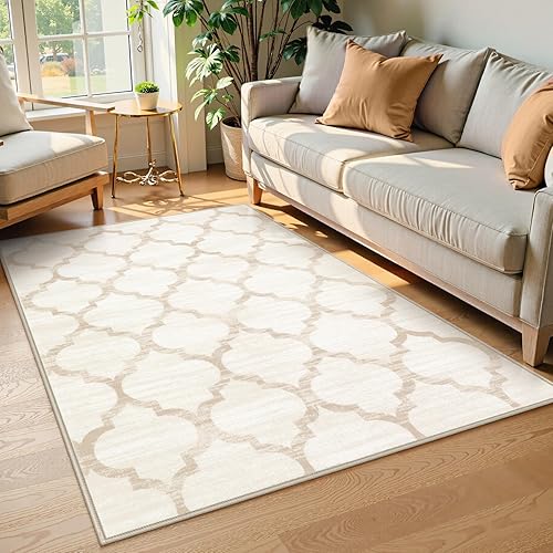 Miniatura 4 de Lahome - Alfombra marroquí, lavable, de 3 x 5 pies, estética, antideslizante, de pelo bajo, decorativa, de color marfil y envejecida, para hogar y