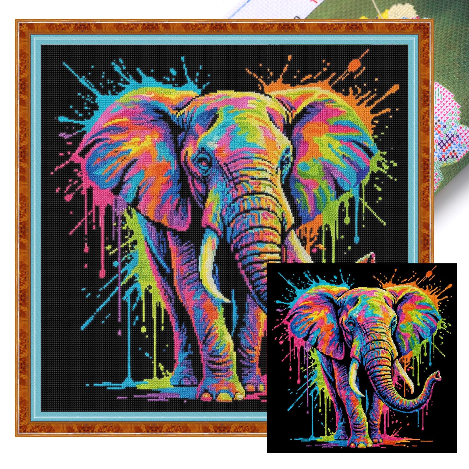 Poetrydraw Colorful Splash Elephant Cross Stitch Kit 14Ct Diy Embroidery Starter Set 11.81X11.81inch Home Decor For Beginners Adults