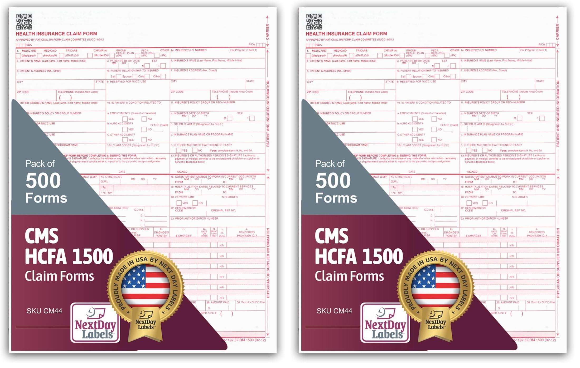 NextDayLabels - CMS 1500 / HCFA 1500 Insurance Claim Forms - Laser/Ink-Jet Compatible (New Version 02/12) Letter Size 8-12" x 11", 500 Sheets Per Pack (Pack of 2)