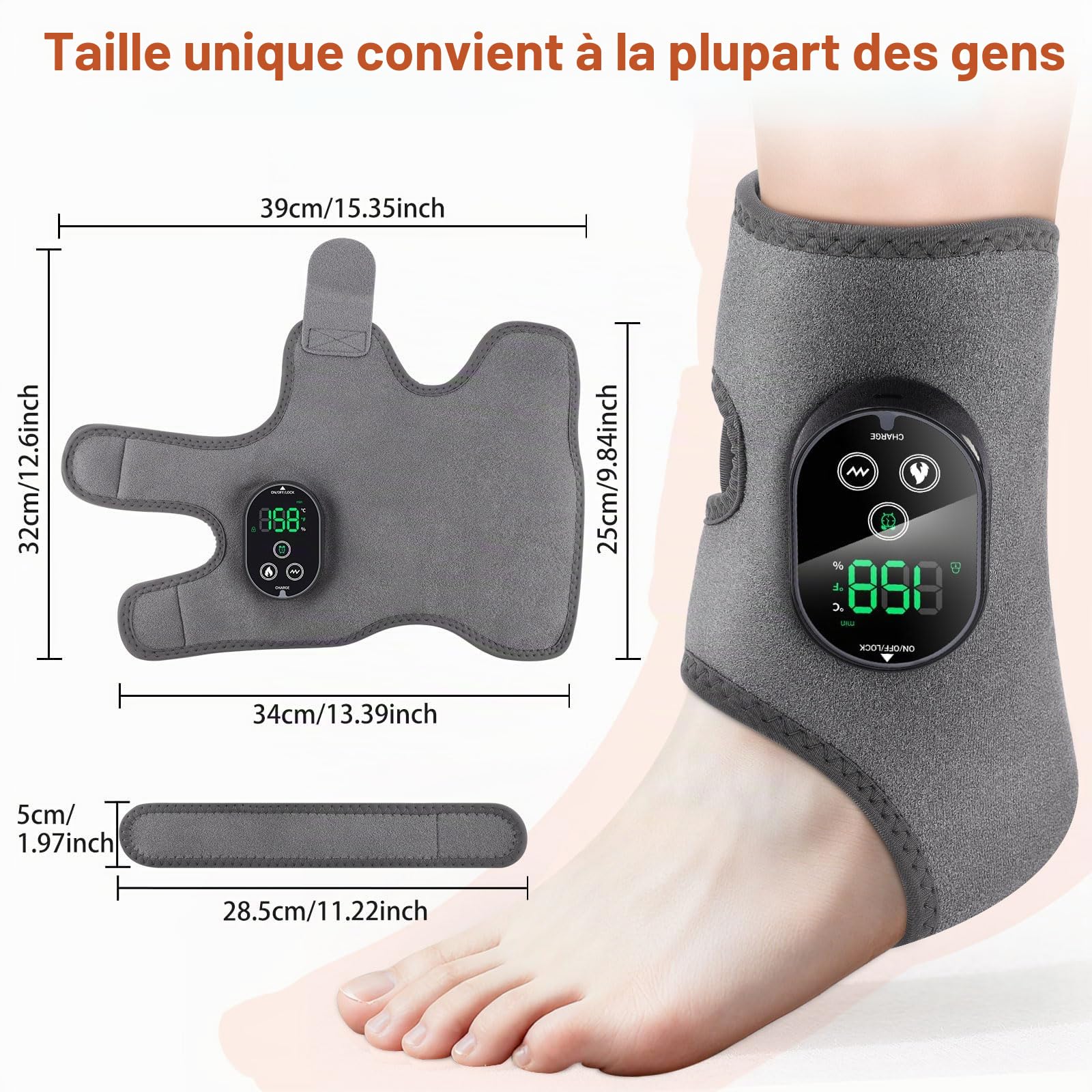 Appareil de Massage et Chauffant pour Pieds et Chevilles – Compresse Chauffante 2-en-1, 6 Niveaux de Chaleur & 3 Modes de Vibration, Rechargeable, Gris