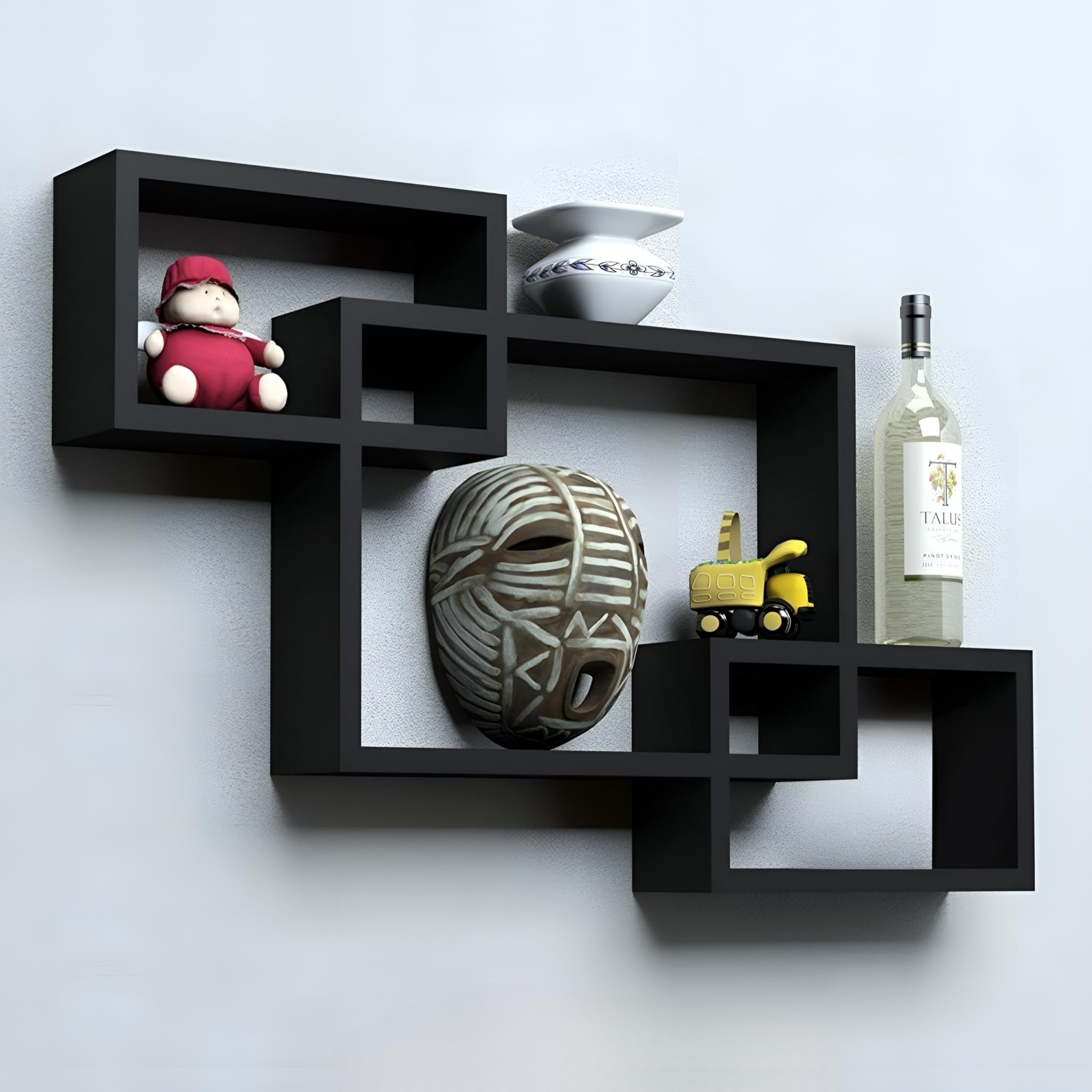 Dime Store Interlock Engineered Wood Wall Mount Wall Shelf for Living Room and Home Wall Decor Items (Set of 3, Black)