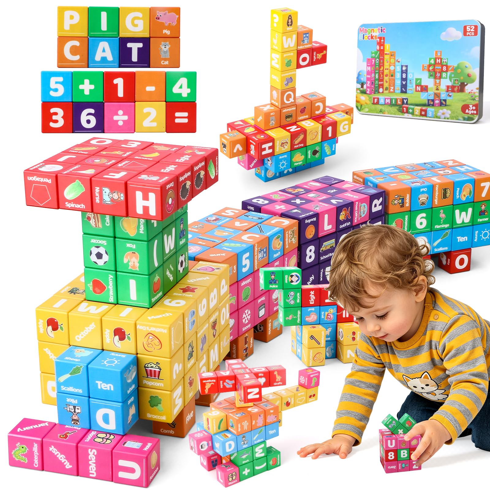 Magnetic Building Blocks for Kids, 52PCS Magnetic Tiles Montessori STEM Toy