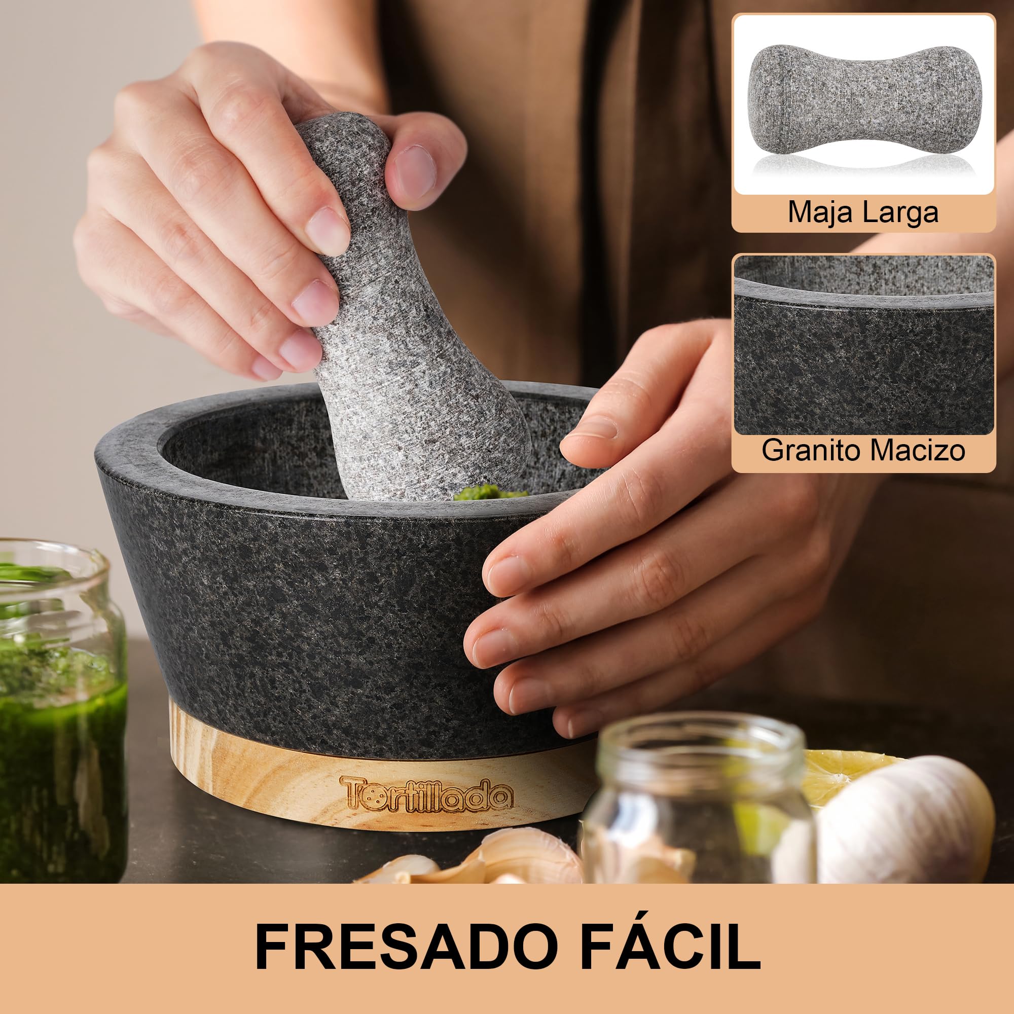 Tortillada – Juego de mortero y maja de 16cm, grande, hecho de granito natural con base de madera antirayaduras, molinillo de hierbas y especias de granito con 50 recetas, color negro