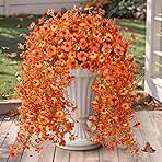 Artificial Fall Fake Flowers for Outdoor, 2 Pcs Fake Mums Faux Hanging Flowers Outdoor Fall Decor, UV Resistant Silk Flower for Front Door Porch Planters Patio Yard Garden(Orange Sunset Red)