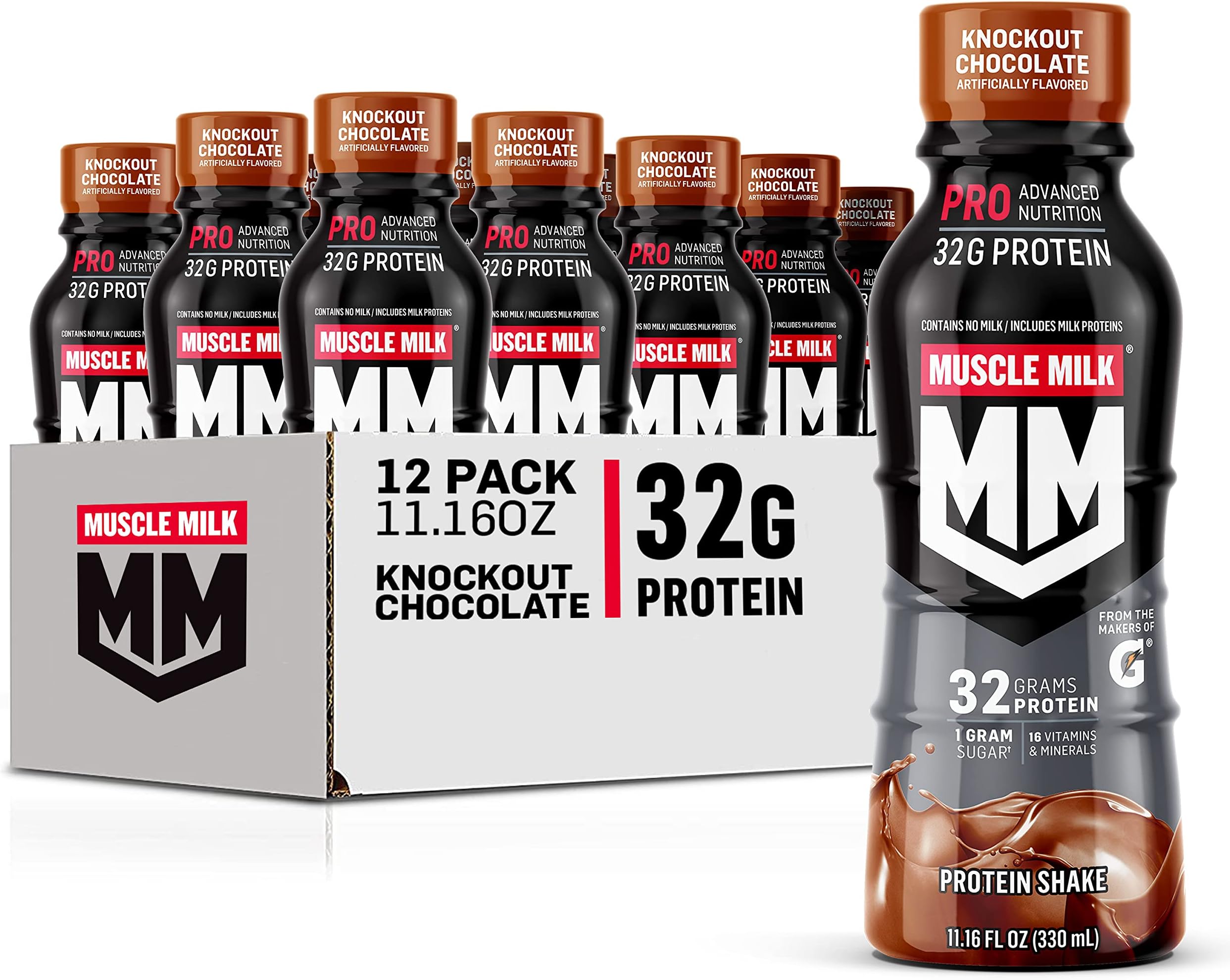 Muscle Milk Pro Advanced Nutrition Protein Shake, Knockout Chocolate, 11.16 Fl Oz (Pack of 12), 32g Protein, 1g Sugar, 16 ...