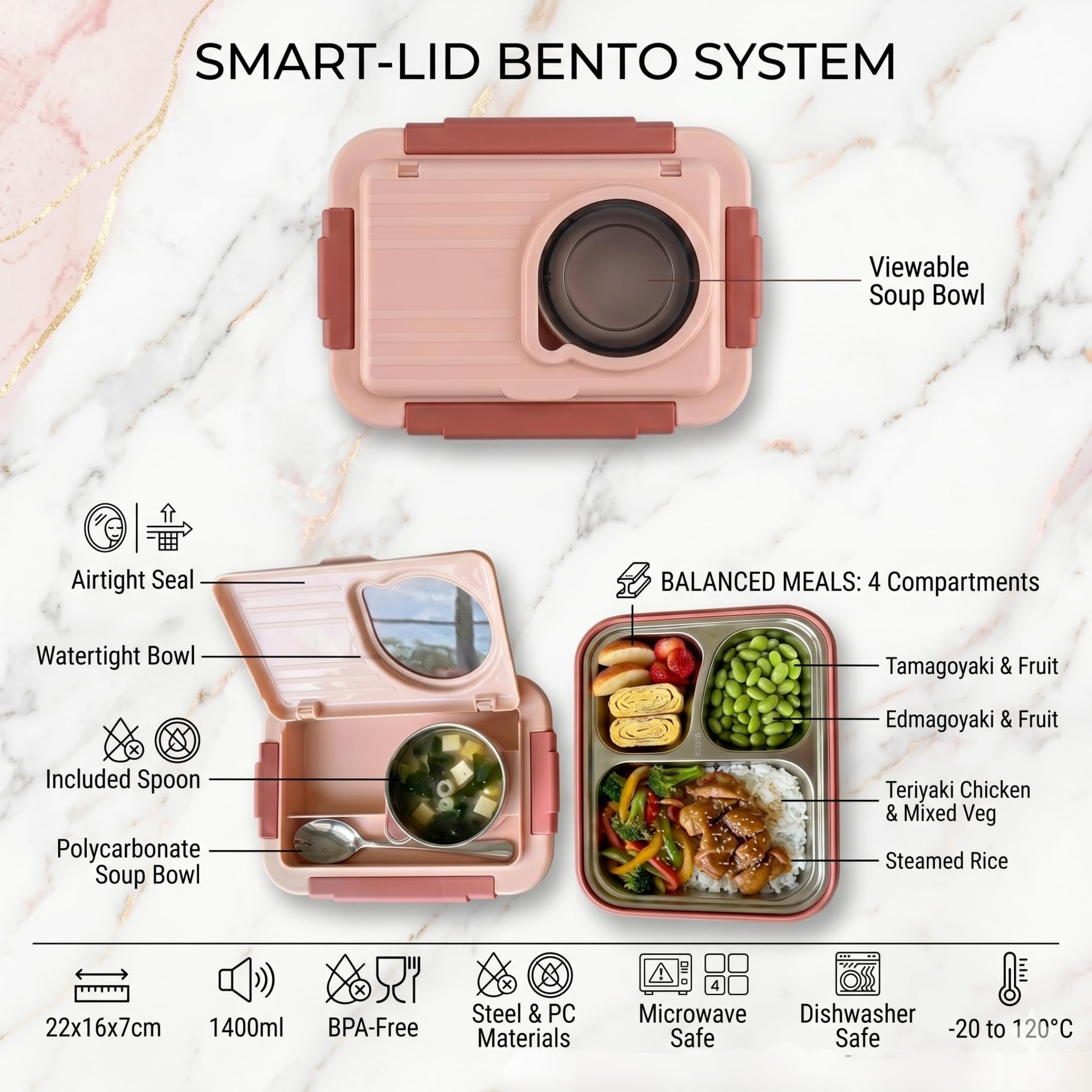 Kitchen Bloom Stainless Steel Bento Lunch Box 3 Compartment with Steel Cutlery, Heating Insulation | Lunch Box for Office Men, Women & Kids | Tiffin Box (Random Color) 1000 ML 1