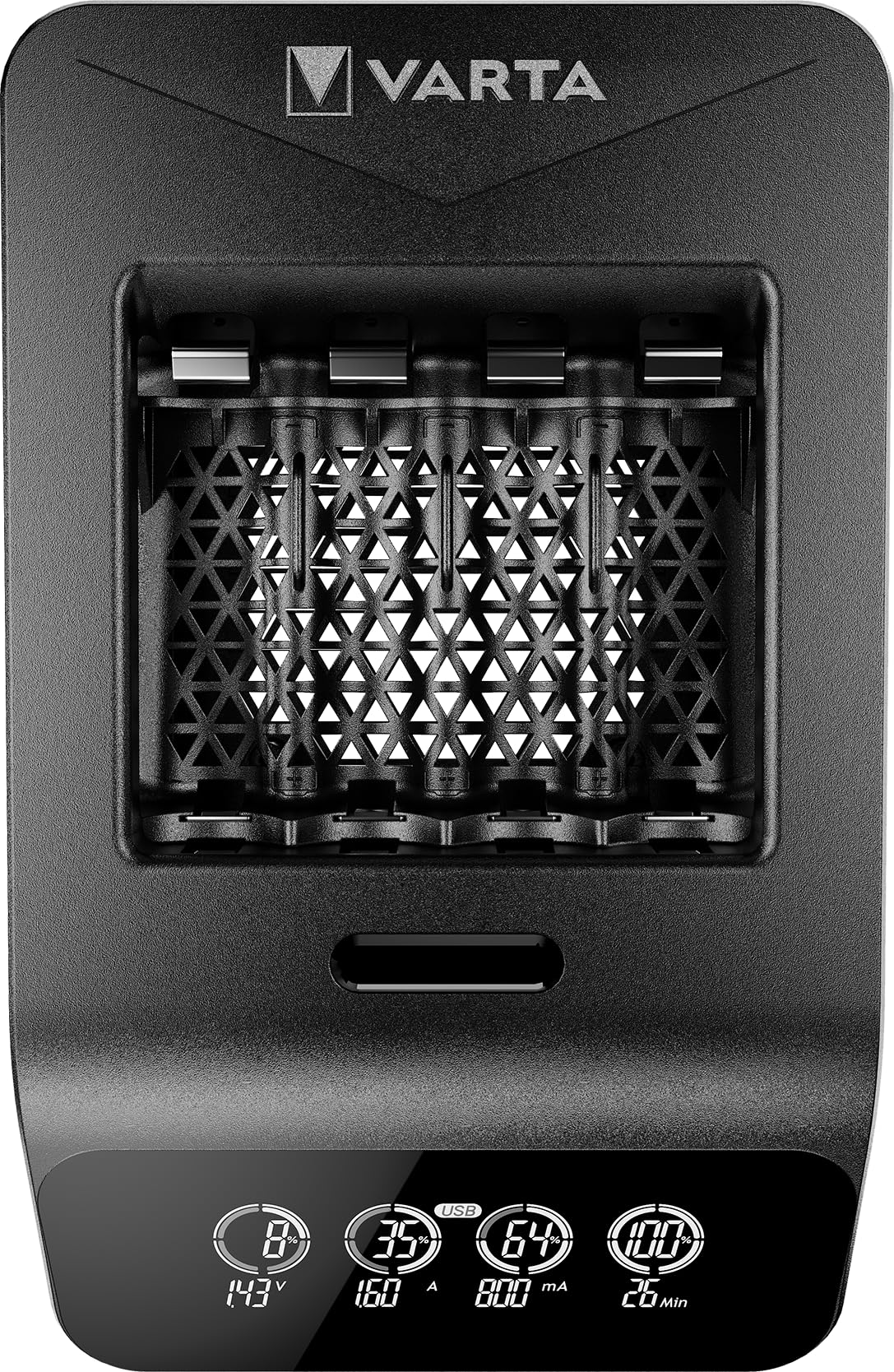 VARTA Cargador de Pilas, Incl. 4X AA 2100mAh, Cargador para Pilas AA/AAA Recargables, LCD Smart Charger+, Carga por Ranura única, 2 Modos: Carga, refresca