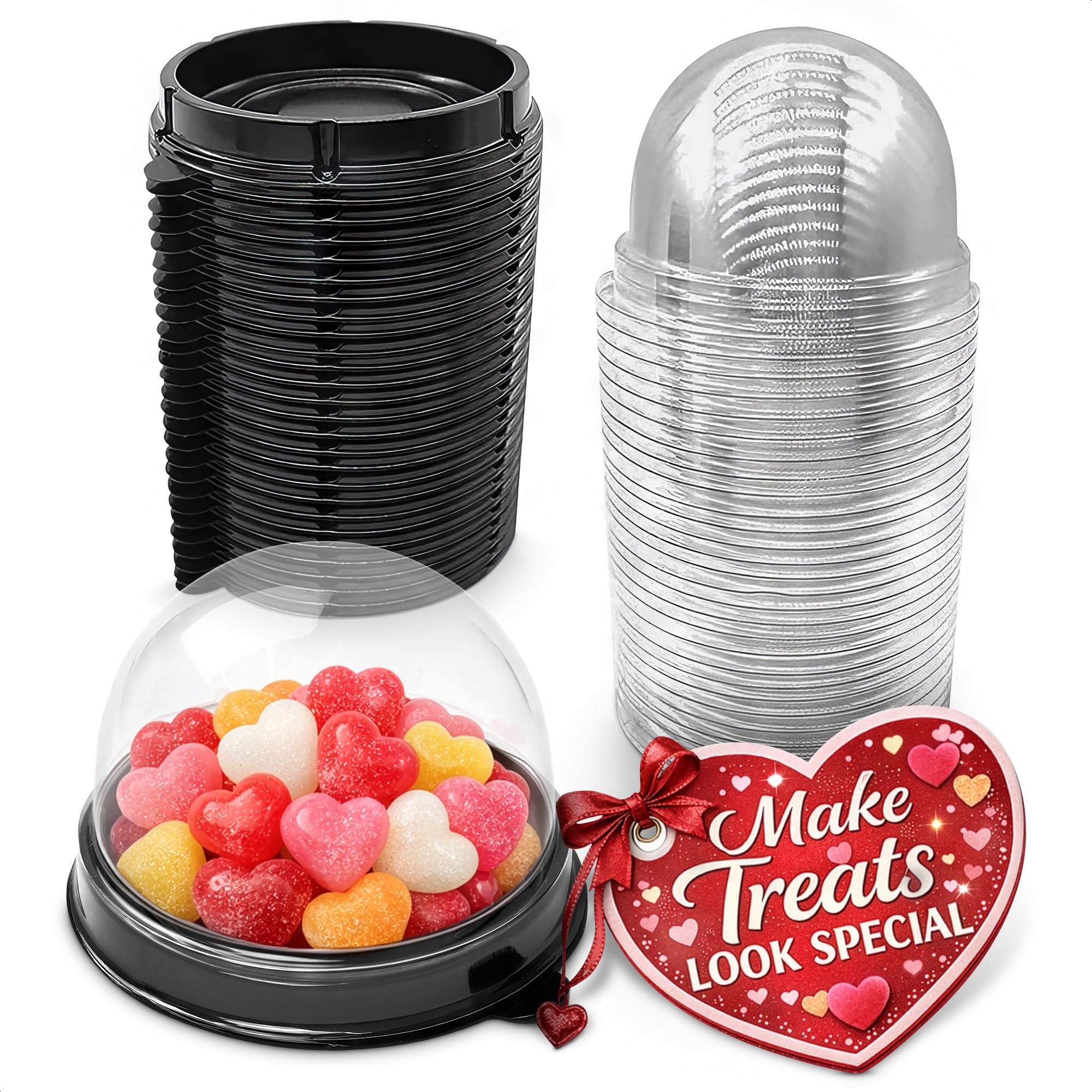 Treat Box Pack 50 - Pack Mini Cupcake Containers for Desserts - 2.8 x 2.8" Plastic Food Grade Mini Cupcake Boxes | Desserts Containers and Holiday Gift Wraps with Transparent Lids, Great for Parties