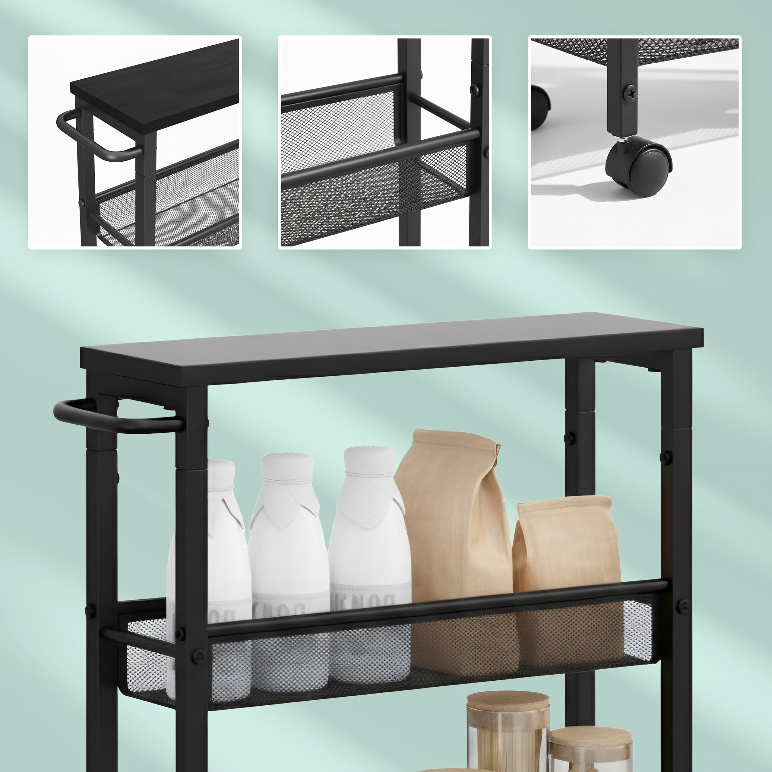 Carro para nichos Relaxdays, 77 x 13 x 45,5 cm, estantería Estrecha para baño y Cocina, 4 Niveles, con Ruedas, Negra