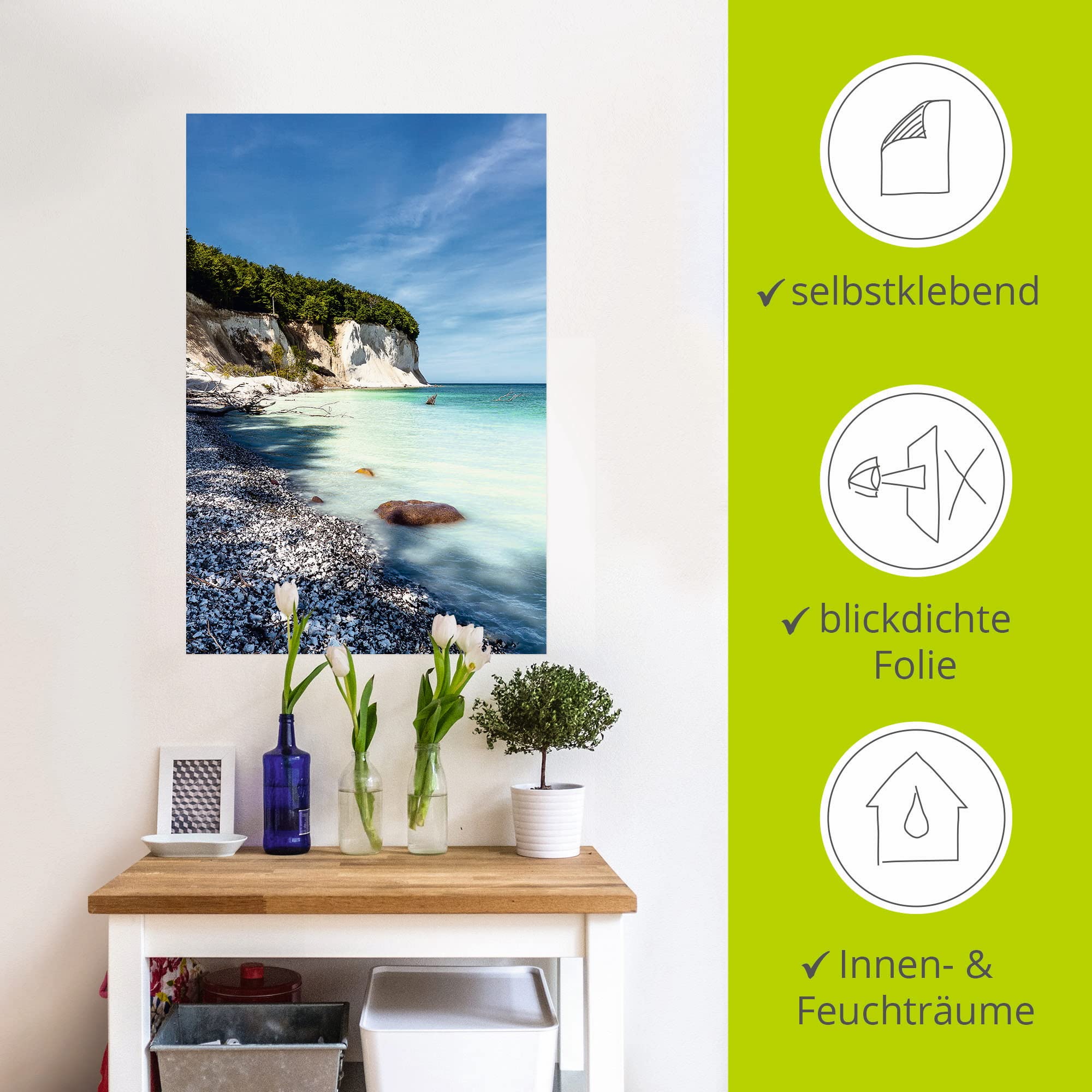 ARTland Wanddeko Wandtattoo selbstklebende Vinylfolie 60 x 90 cm Landschaften Küste Foto Blau Kreidefelsen auf der Insel Rügen T1UI