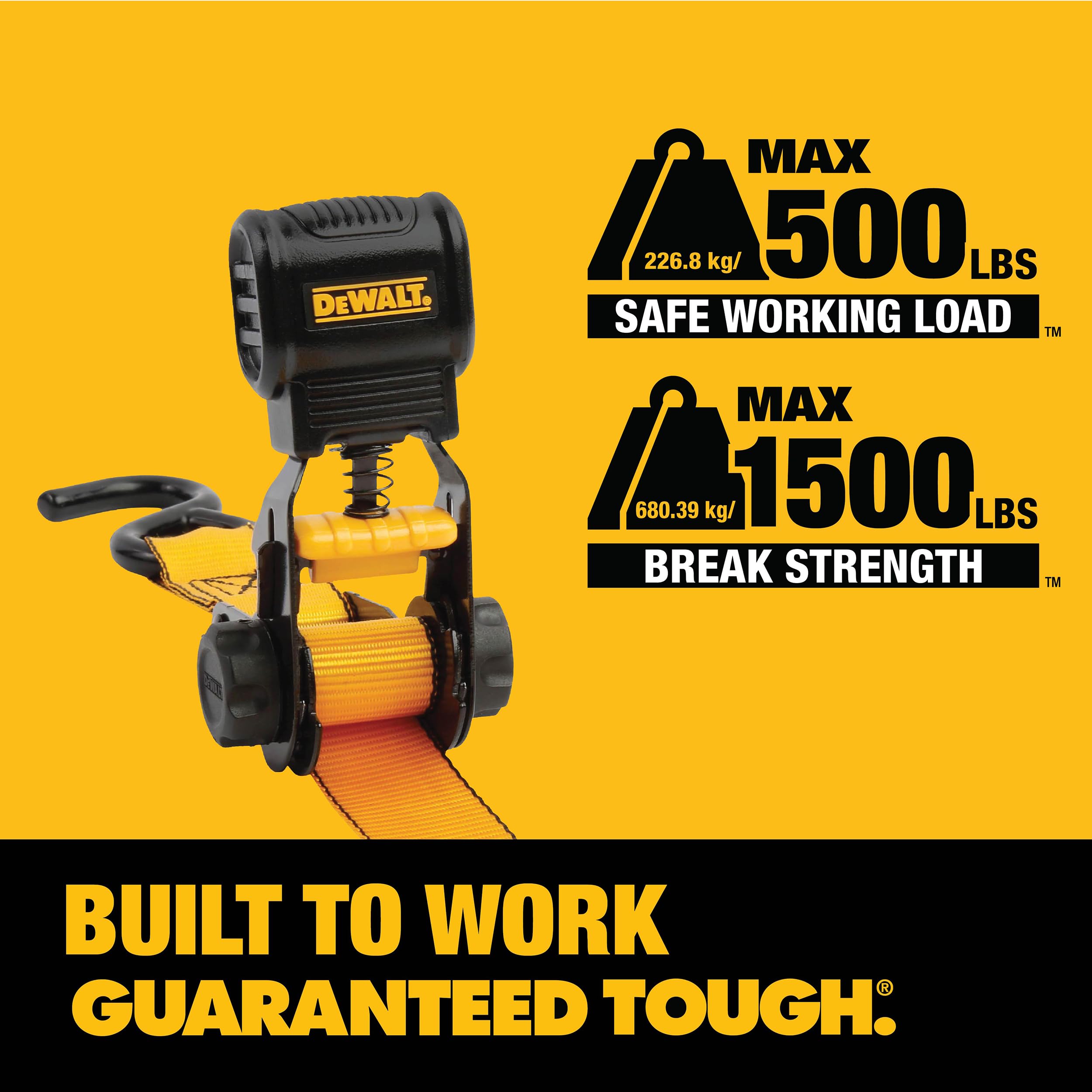 DEWALT DXBC15006X - Cinghia di fissaggio a cricchetto, 2,5 cm x 2,5 m, carico di lavoro sicuro 226,8 kg, resistenza alla rottura 0,7 kg, confezione da 6