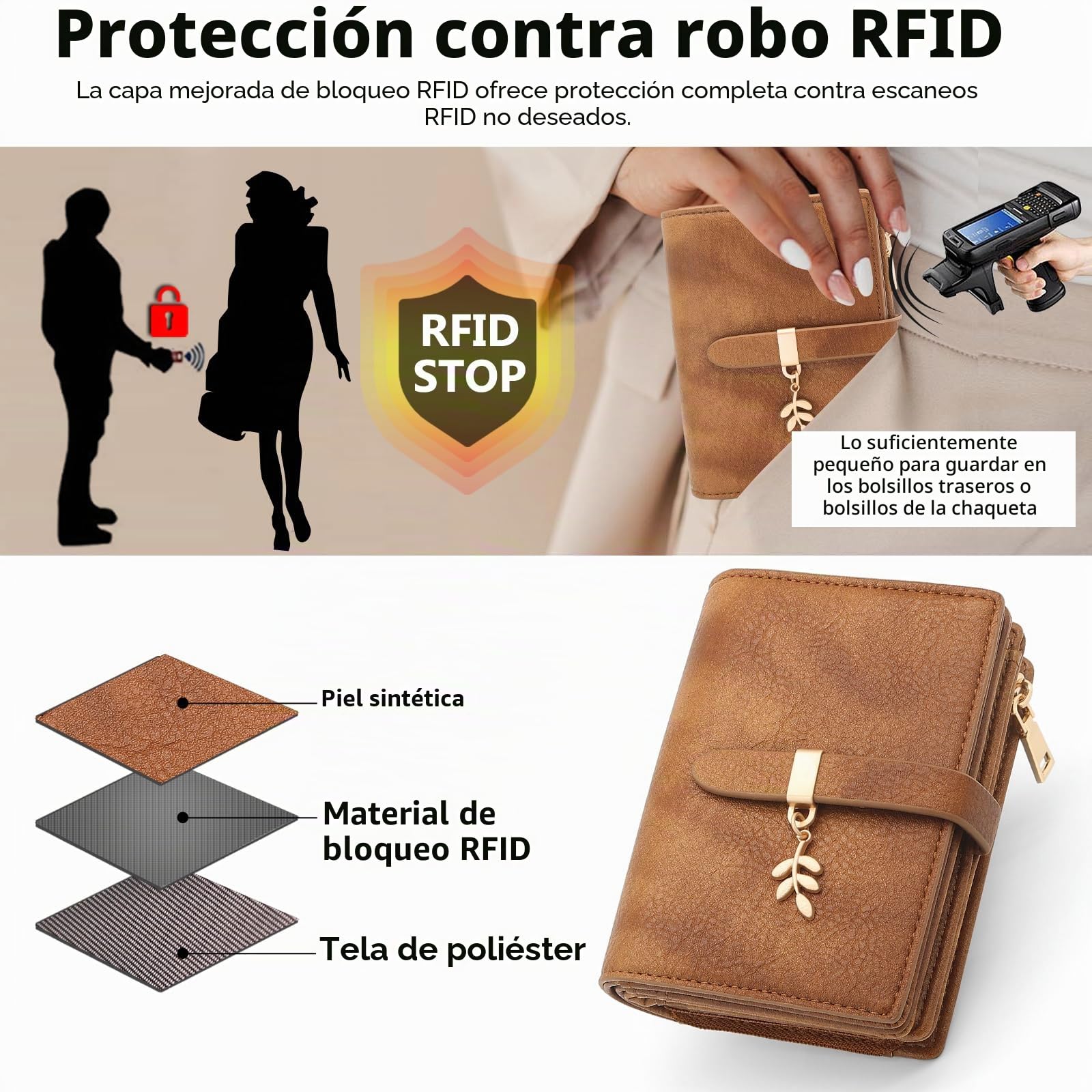 HNOOM Cartera Mujer Cuero PU Monedero Pequeño Formato Corto Billeteras RFID 19 Ranuras Tarjetas Cremallera Marrón