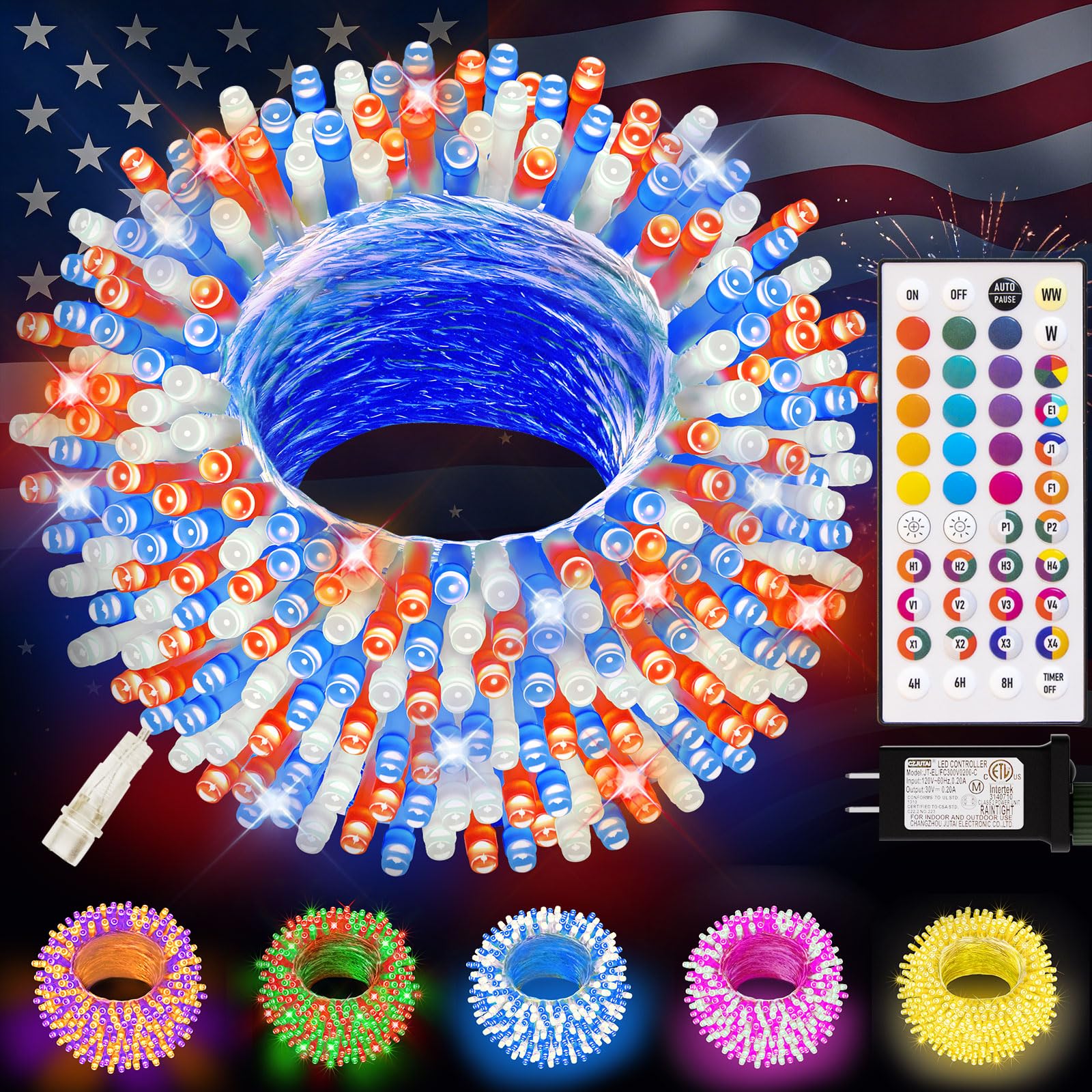 LitHome 33Ft 100 LED Color Changing Christmas String Lights, 35 Colors 9 Modes Red White and Blue Lights Outdoor with Remote, Dimmable 4th of July Light Plug in for Independence Day Xmas Tree Decor