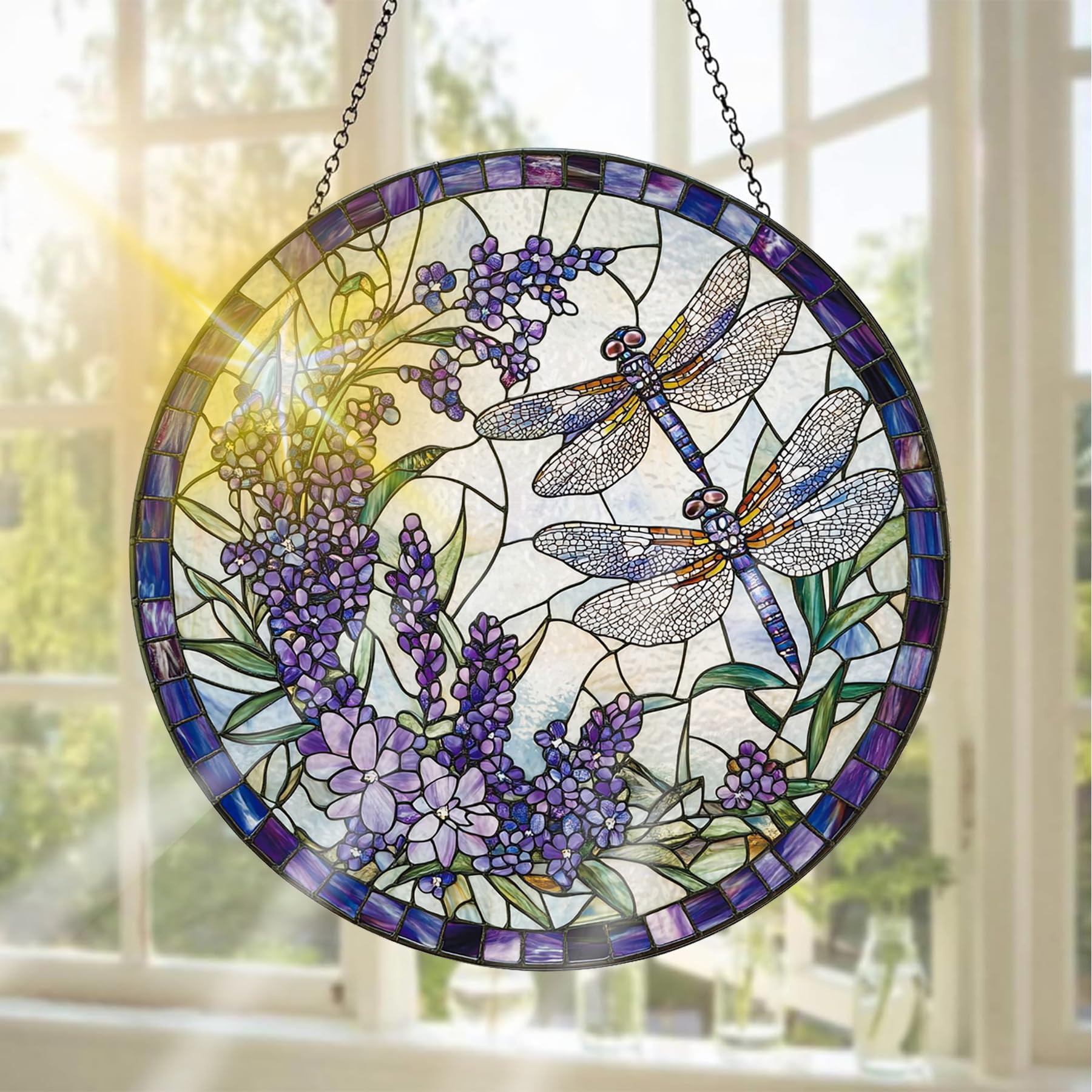 Pavemlo Dragonfly Suncatcher Indoor Stained Glass Window Hanging - Outdoor Window Hanging Decoration - Sun Catcher Home Decor Mother's Day Birthday Gifts for Women, Men Mom 20x20 cm