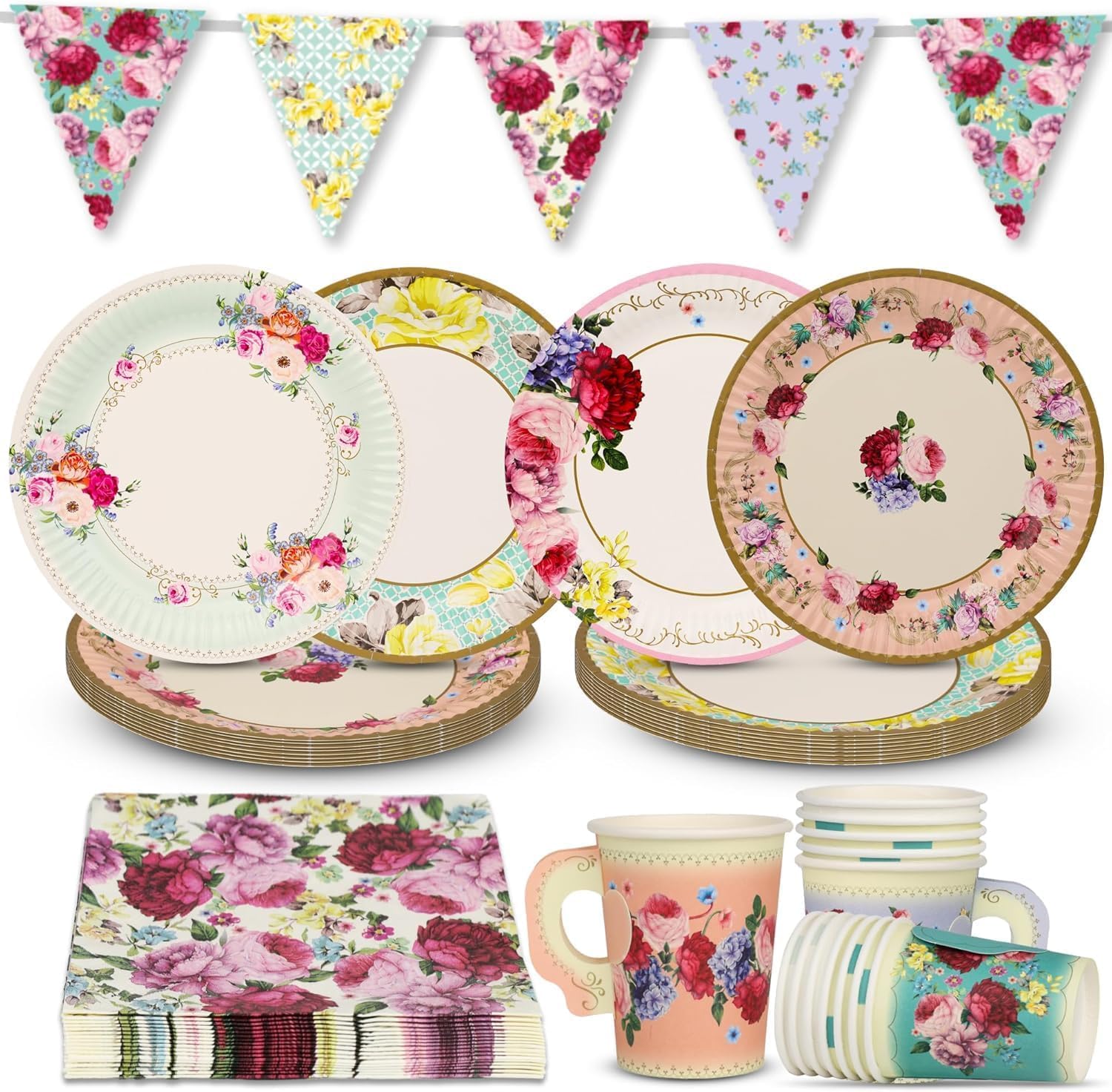 Talking Tables 50 Piece Floral Tableware Set for Mother's Day Party Pack 16 x Vintage Plates, Paper Napkins, Teacups, Bunting for Afternoon Tea Party Decorations Birthday, Baby Showers, Wedding