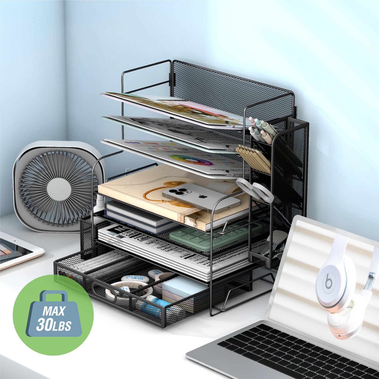 Schreibtisch-Organizer mit 7 Ebenen, Büroaufbewahrung, Schreibtischzubehör, Schreibtisch-Organizer für Bürobedarf mit Schublade und 2 Stifthaltern (schwarz)