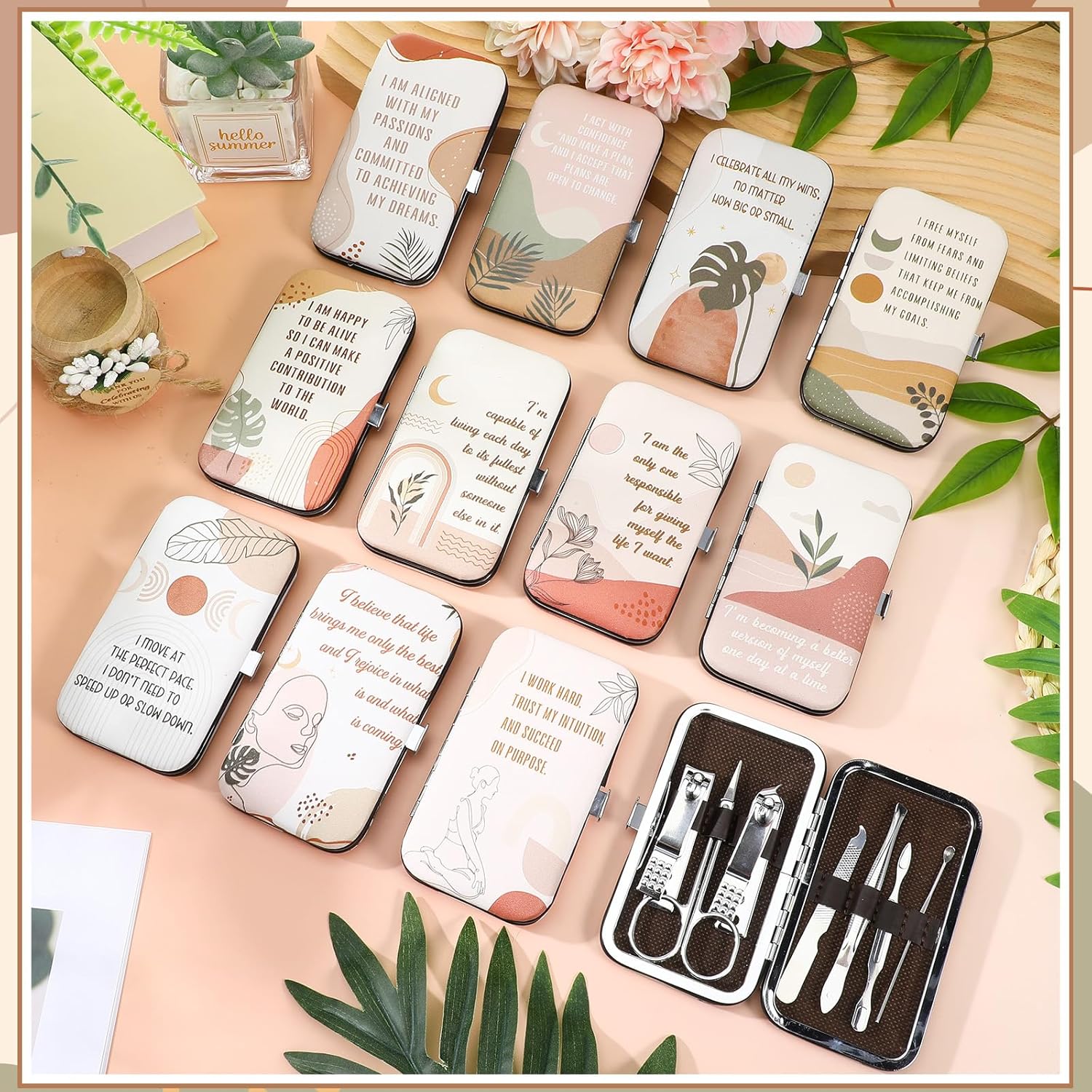Capoda 12 Set Positive Affirmations Gifts Bulk Manicure Set Nail Clippers Kit 7 In1 Boho Inspirational Manicure Kit for Women Mother Coworkers Employee Appreciation Teacher Staff Nurse Gifts Supplies