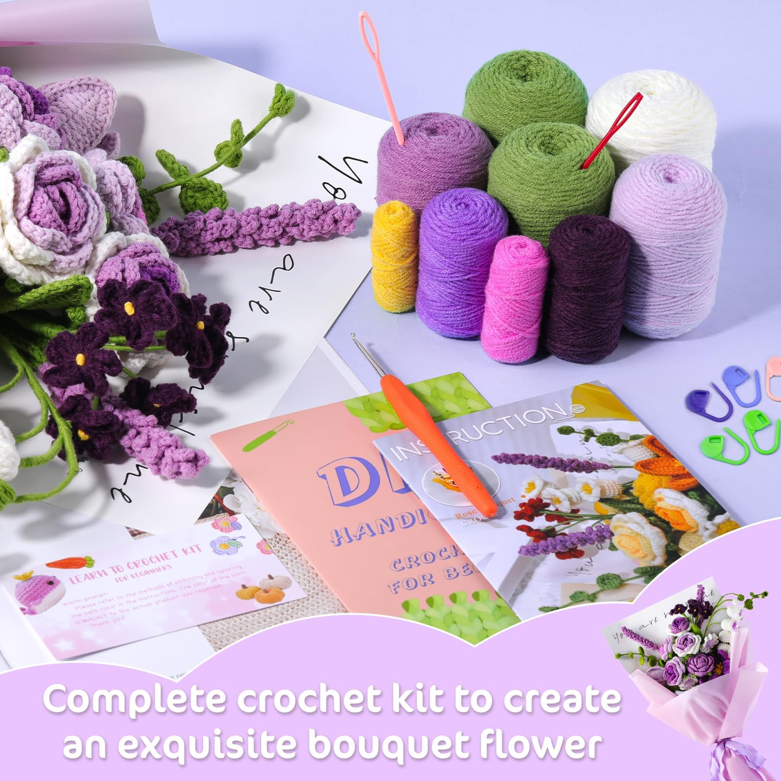 Beginner Crochet Flower Bouquet Kit - Purple Roses -4