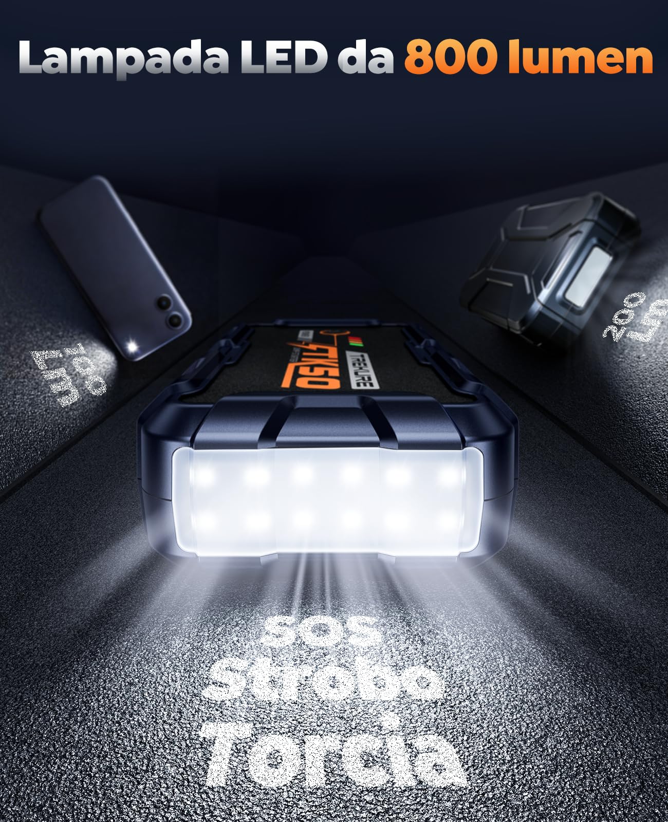 TREKURE Avviatore Batteria Auto, 10000A 26800mAh Avviatore di Emergenza (Tutti Benzina o 12L Diesel), Booster Avviamento Auto con Luce LED da 800 Lumen, Pinze Intelligenti con Cavi più Spessi, TK50