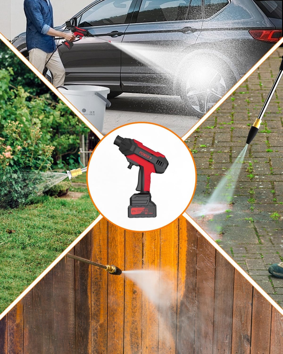 Cordless Pressure Washer, Portable Pressure Washer Battery Powered Max 950PSI, 1.2GPM with 1 * 21V 4.0Ah Rechargeable Battery, 20FT Drain Hose, Electric Power Washer for Car, Floor, Red