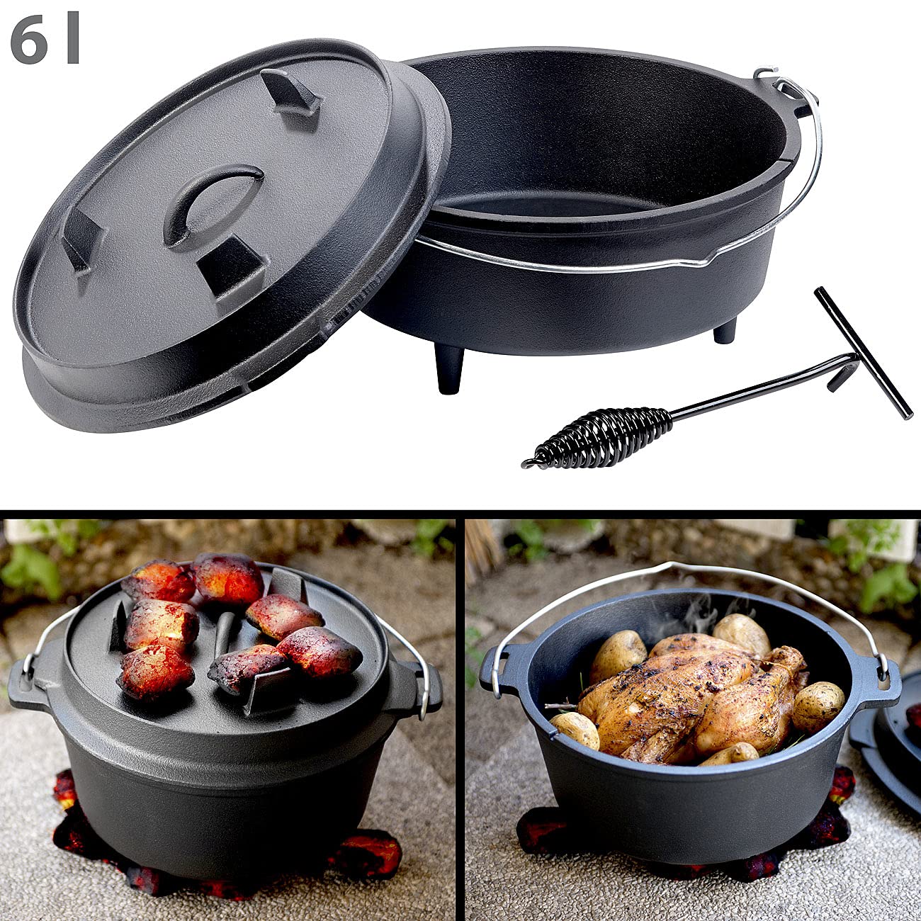 Rosenstein & Söhne Feuertopf: Dutch Oven aus Gusseisen mit Standfüßen, 2in1-Deckel & -Pfanne, 6 l (Gusseisen Kochtöpfe, Dutch Oven mit Füßen, Wok)