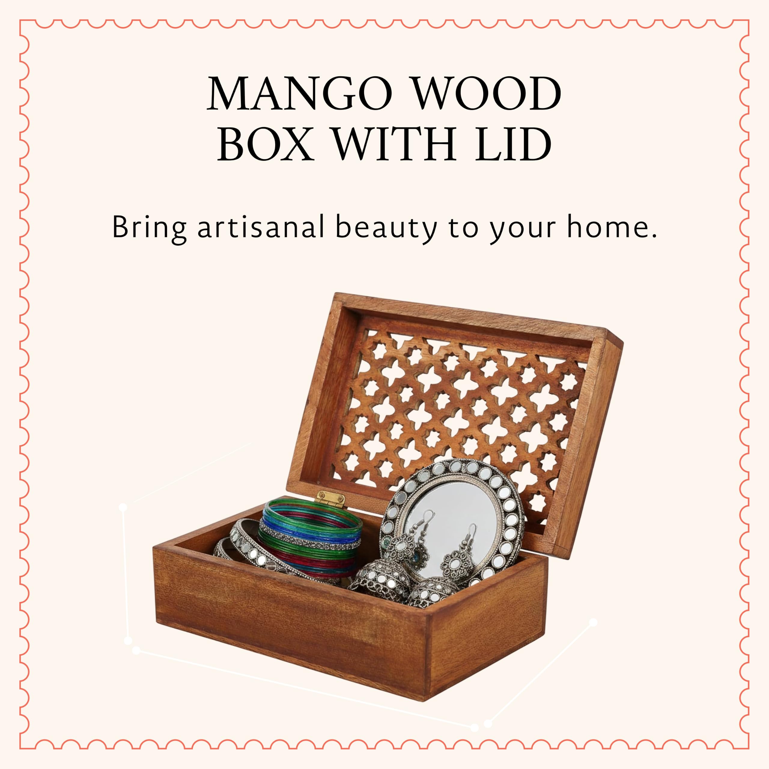 Mela Artisans Caja de recuerdo mediana con tapa de enrejado con bisagras, pulido medio, caja decorativa de madera, caja de recuerdos de recuerdo, caja de almacenamiento de madera de mango, almacena