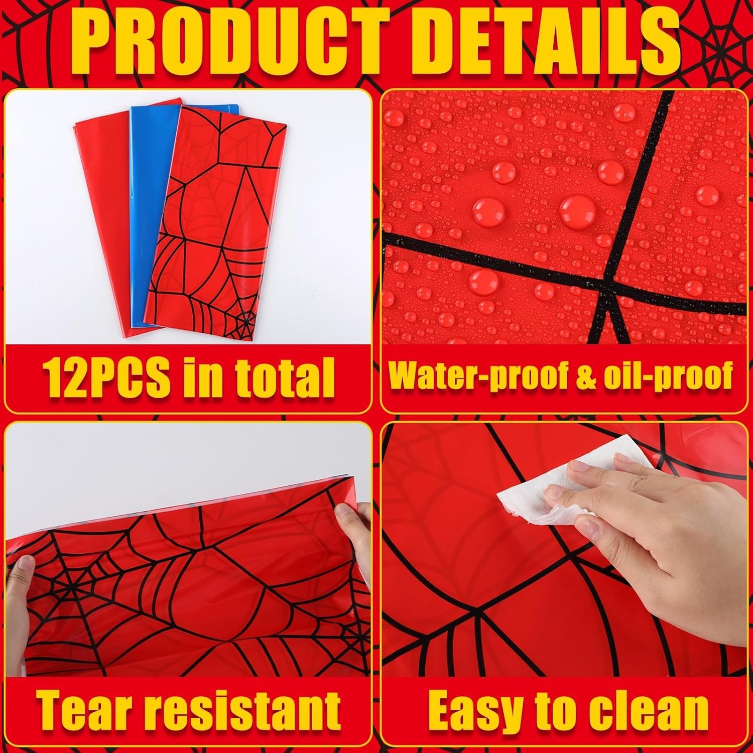 12Pcs Spider Theme Tablecloths Disposable Hero Party Plastic Table Cover Large Rectangle Red Blue Spiderweb Table Cloth for Kids Boys Spider Birthday Party Decorations Baby Shower Supplies 108x54 Inch