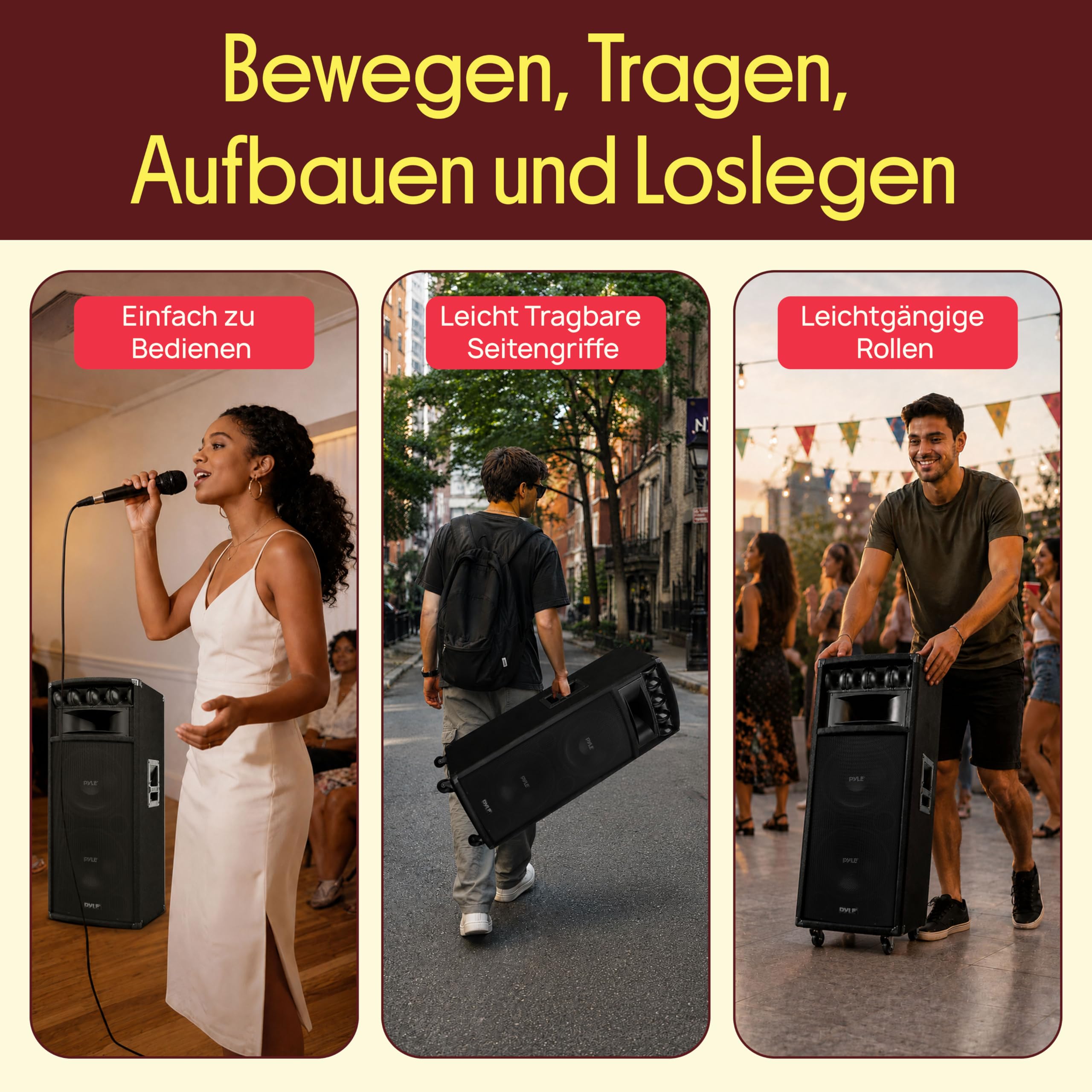 PylePro PA Lautsprecher 1600W Passiv – 2x12" Subwoofer, 3-Wege Soundsystem mit Tragegriffen, robustes Gehäuse für DJ, Bühne, Heimkino, Events und Partys