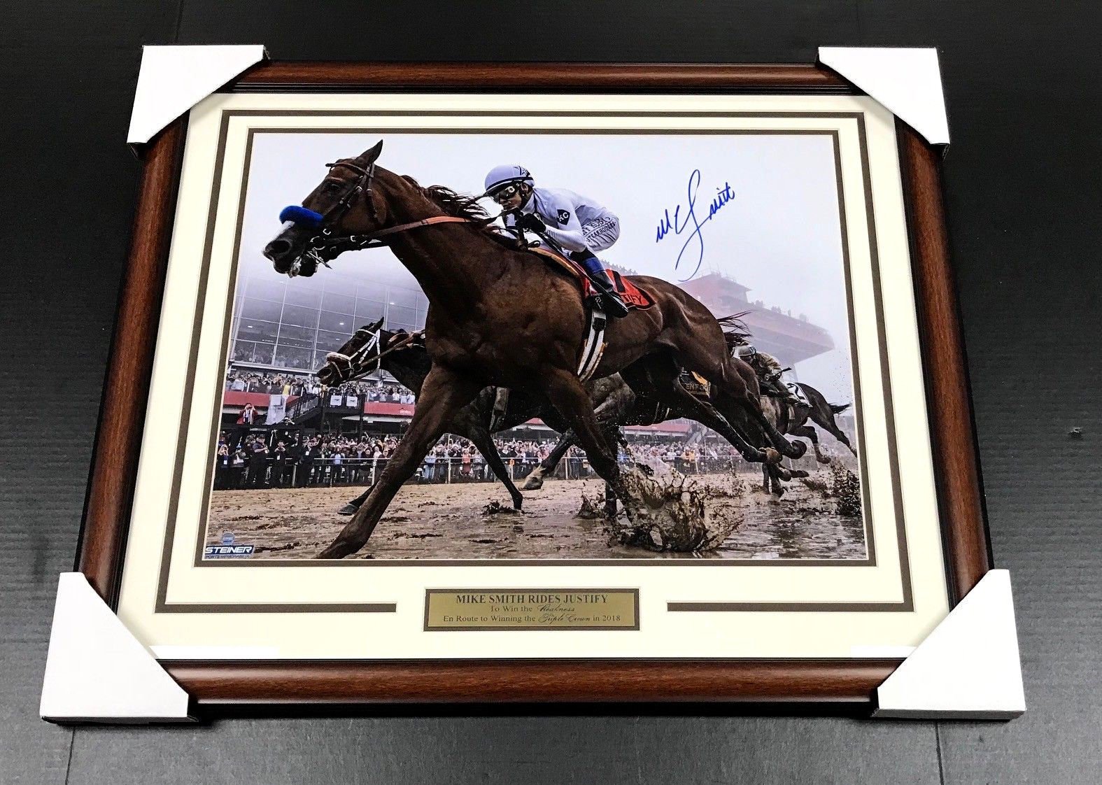 MIKE SMITH AUTOGRAPHED JUSTIFY PREAKNESS FRAMED 16X20 PHOTO STEINER COA