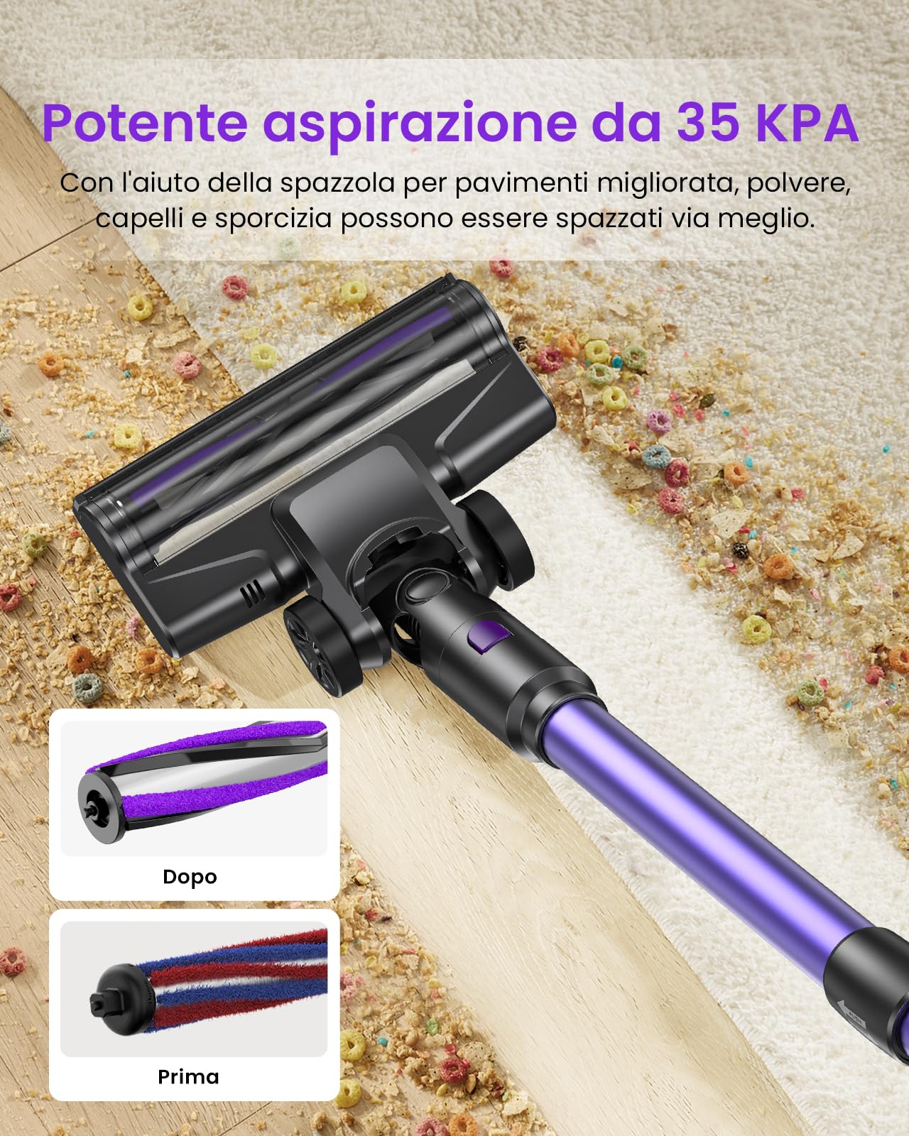 35KPa Aspirapolvere Senza Fili Potente,40Min Scopa Elettrica Senza Fili Potente,Aspirapolvere Portatile,Aspirapolvere Senza Sacco,Autonomia,Aspirapolvere Senza Filo per Pulizia Domestica/Capelli,Viola