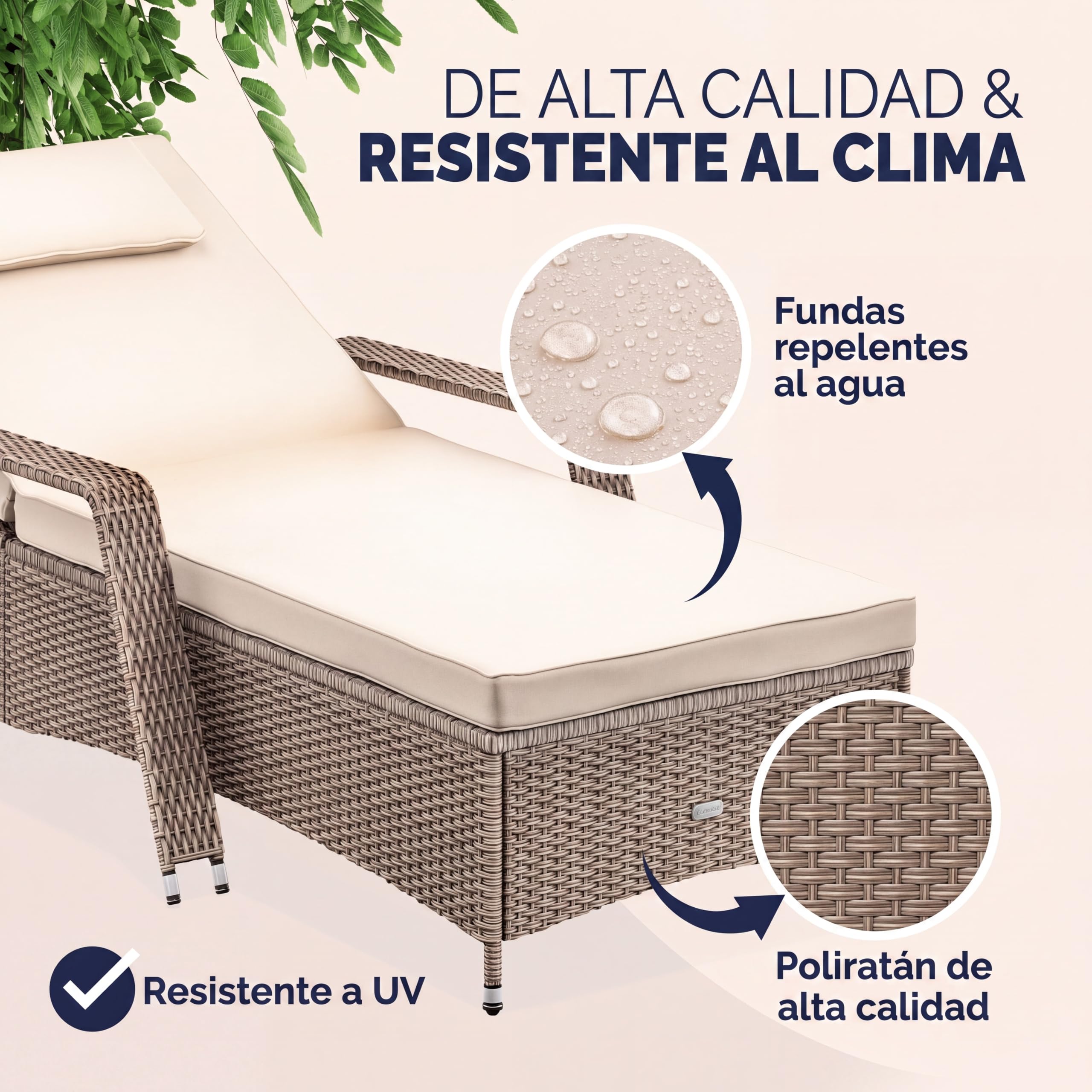 CASARIA® Tumbona Jardín Poliratán hasta 160kg 193x90cm Respaldo Regulable Acolchado 7cm Cojín 2 Ruedas Crema | Tumbona de jardín, resistente a la intemperie, soporta 165 kg, terraza, balcón, tumbona reclinable, polirratán