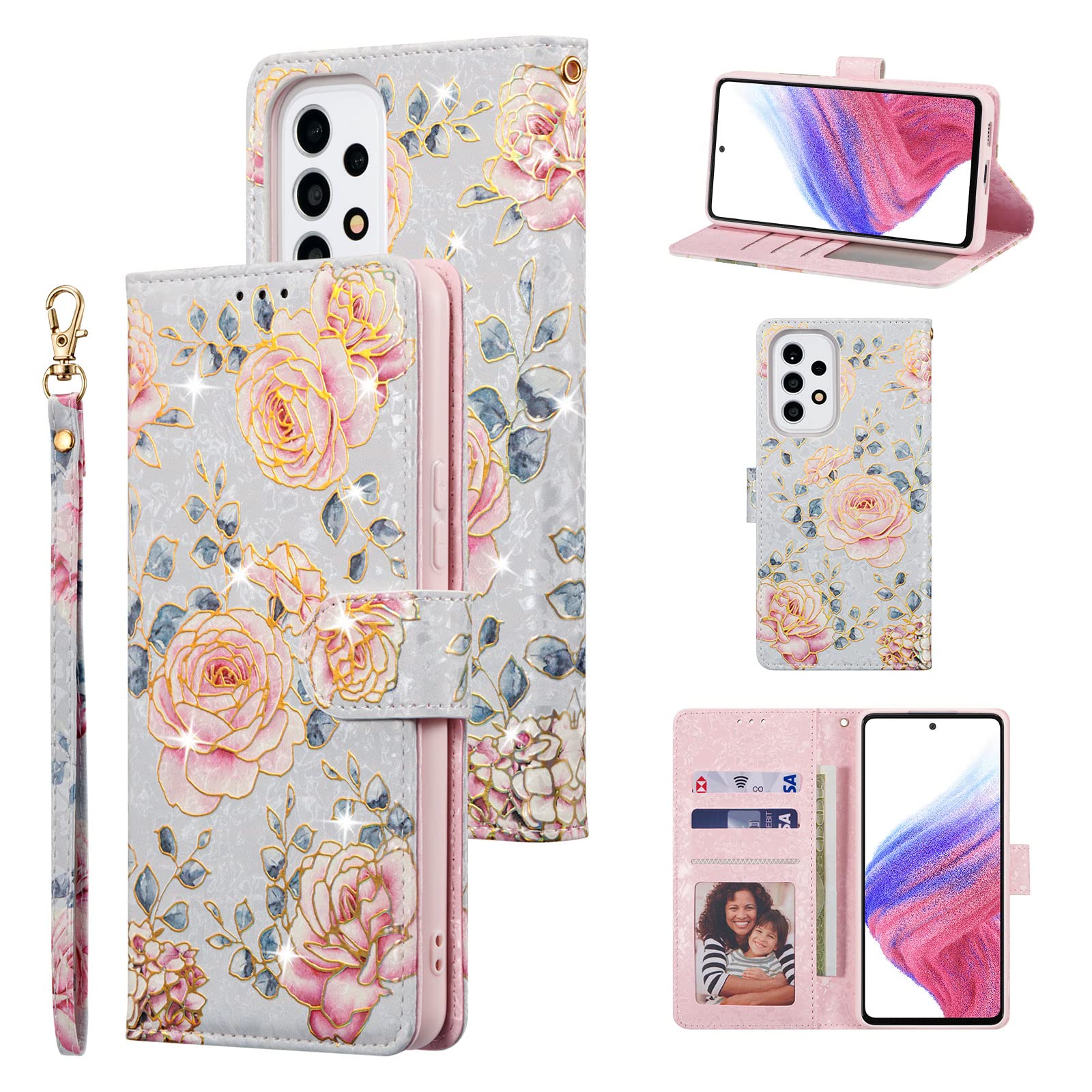 UEEBAI Wallet Case for Samsung Galaxy A52 4G/5G A52S 5G, PU Leather Phone Case Kickstand RFID Blocking Flip Case Card Slots Wrist Strap Relief