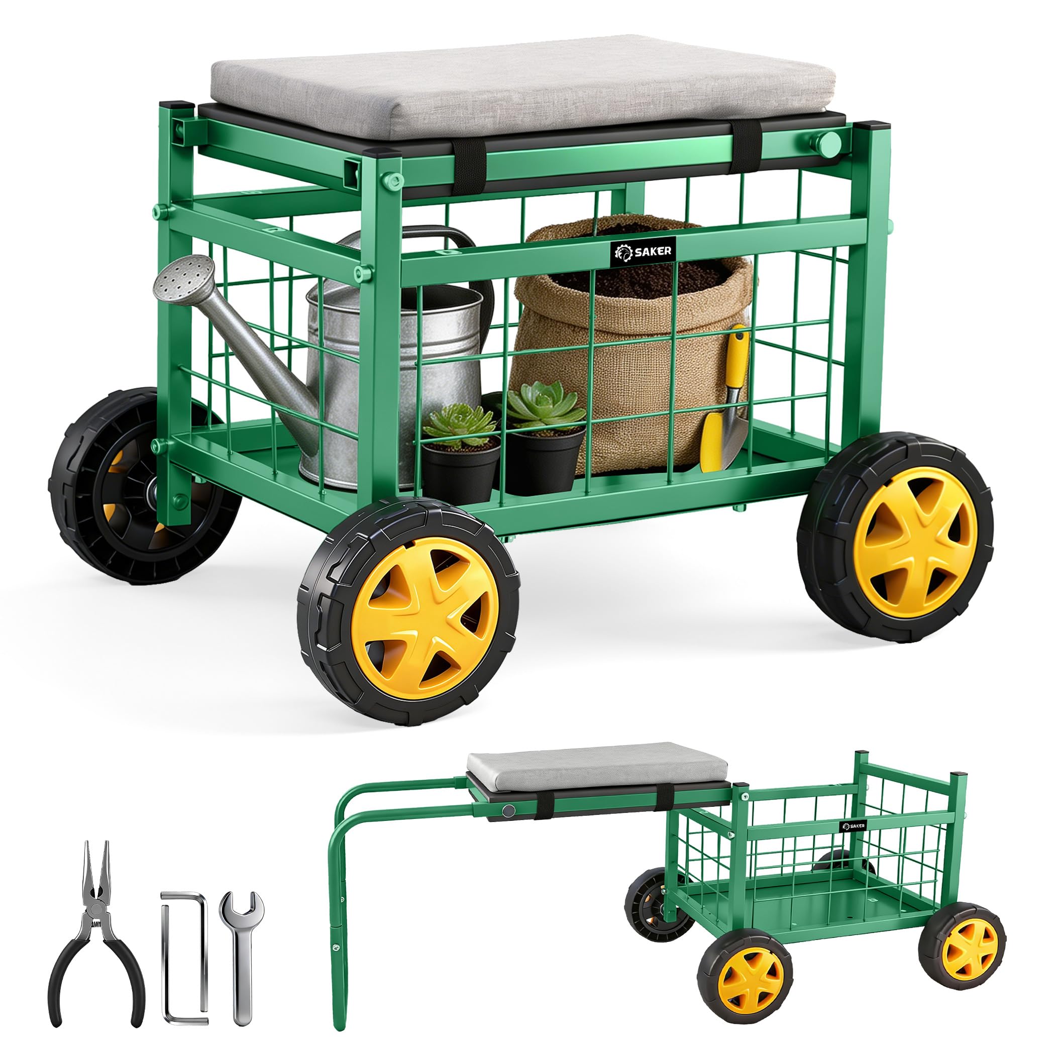 Saker Rolling Garden Cart with Seat &amp; Wheels 15.7" EVA Padded Stool 500lb