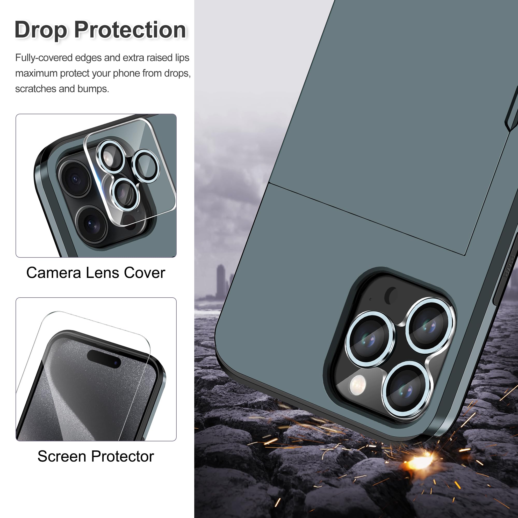 Coolden for iPhone 16 Pro Case with Card Holder & 2 Screen Protector + 1 Camera Lens Protector Full Body Heavy Duty Protective Case Shockproof Wallet Case Cover for iPhone 16 Pro Phone Case-Navy - Image 4
