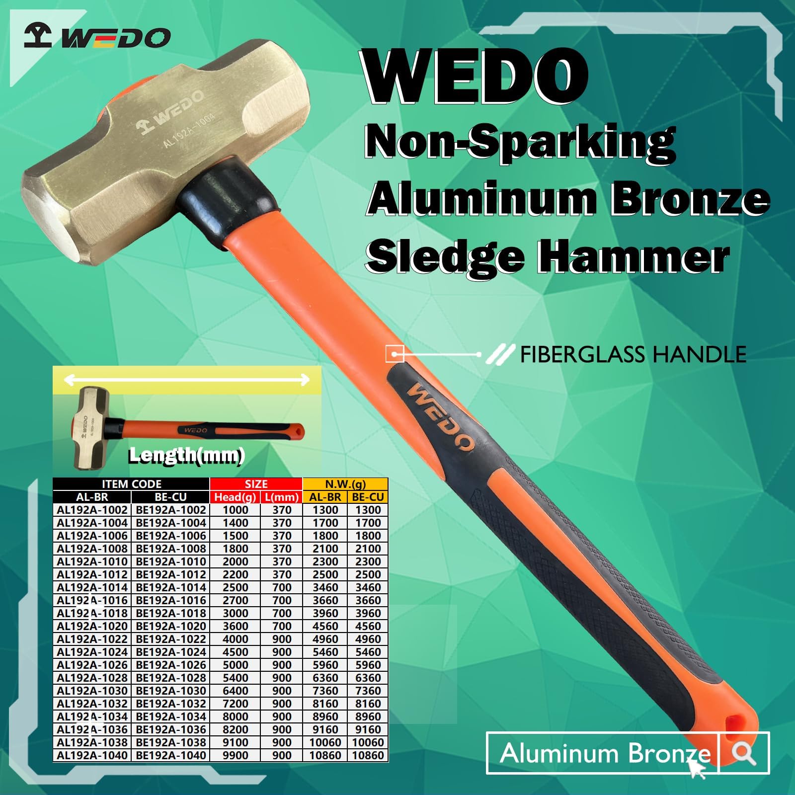 WEDO Młotek kowalski nieparkingowy z uchwytem z włókna szklanego, bezpieczny młotek rozbiórkowy bez iskier, odporny na wstrząsy, brąz aluminiowy, standard DIN, certyfikat BAM i FM, rozmiar 5,4 kg,
