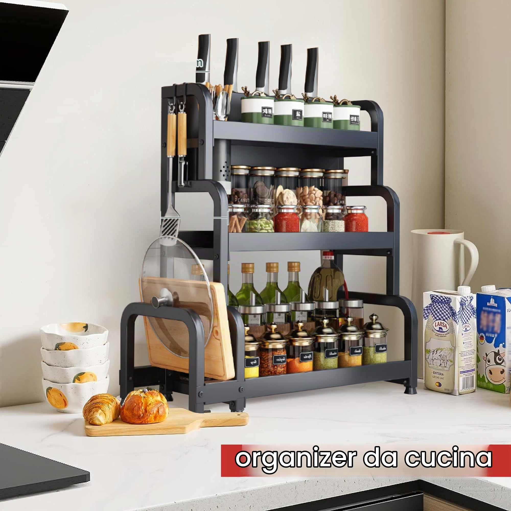 MAGIC SELECT 𝗢𝗿𝗴𝗮𝗻𝗶𝘇𝘇𝗮𝘁𝗼𝗿𝗲 𝗱𝗶 𝗦𝗽𝗲𝘇𝗶𝗲, Portaspezie da Cucina a 3 Livelli, Portacondimenti per Conservare Barattoli, Erbe e Stoviglie per la Dispensa, Acciaio al Carbonio.